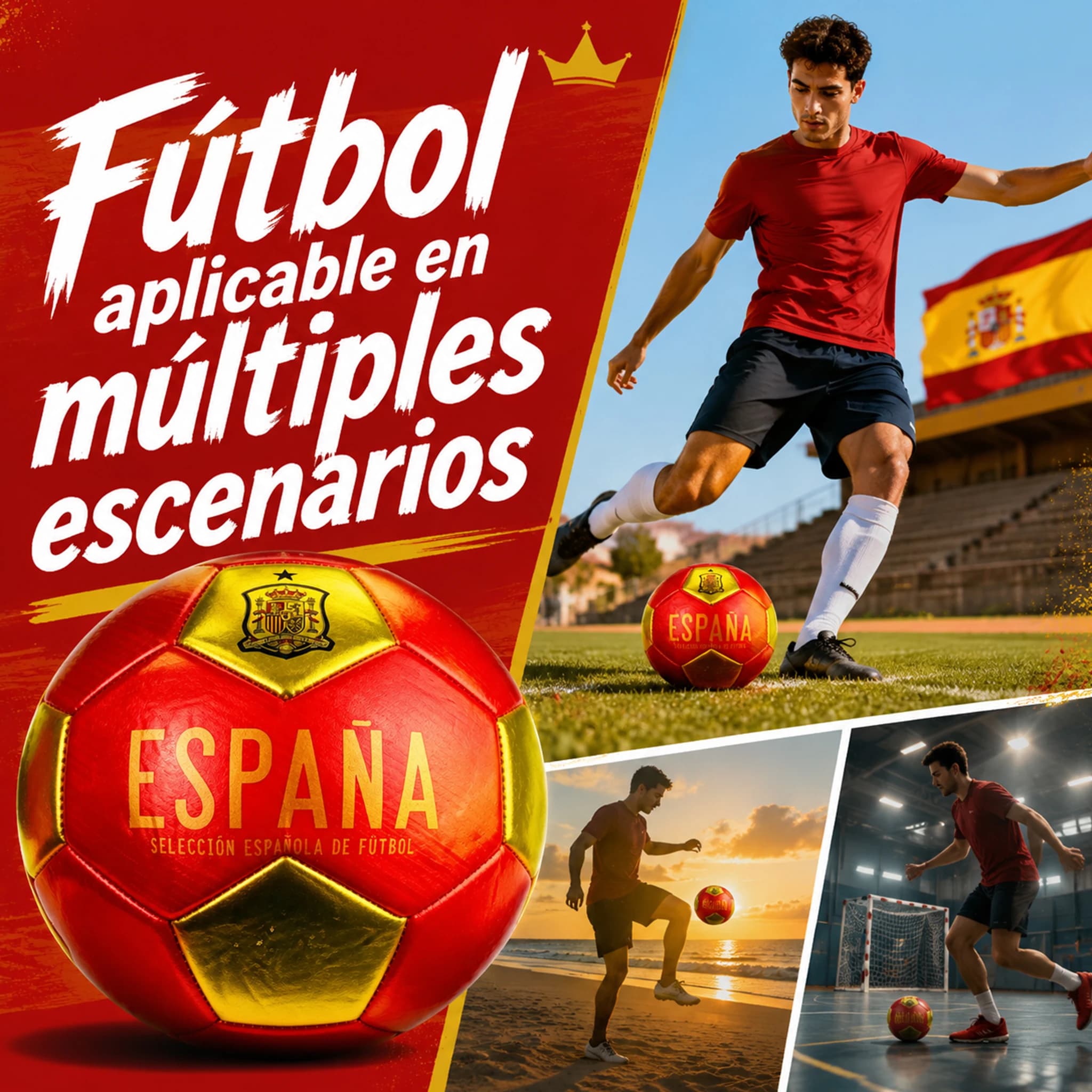 Balón de fútbol Selección Española de 22 cm (8,6 pulgadas), fabricado en PVC impermeable y resistente, diseño rojo y dorado con escudo nacional,