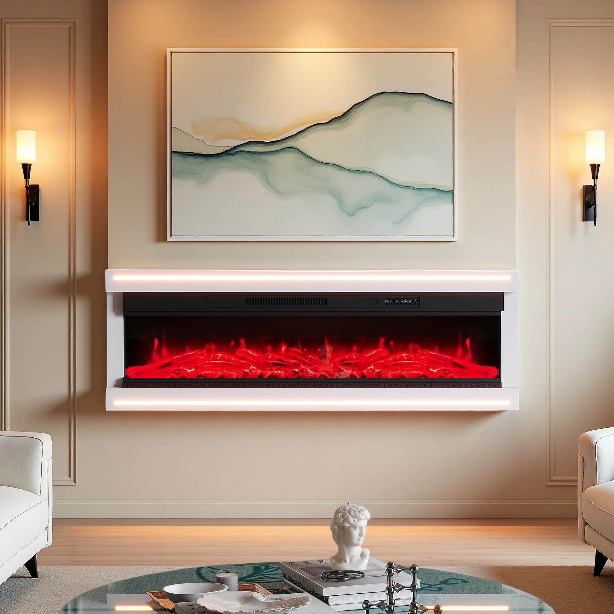 Chimenea Eléctrica de 50 Pulgadas, Chimenea Eléctrica de Pared o de Pie, Chimenea Decorativa Brillante con Tira LED, Temporizador y Mando a