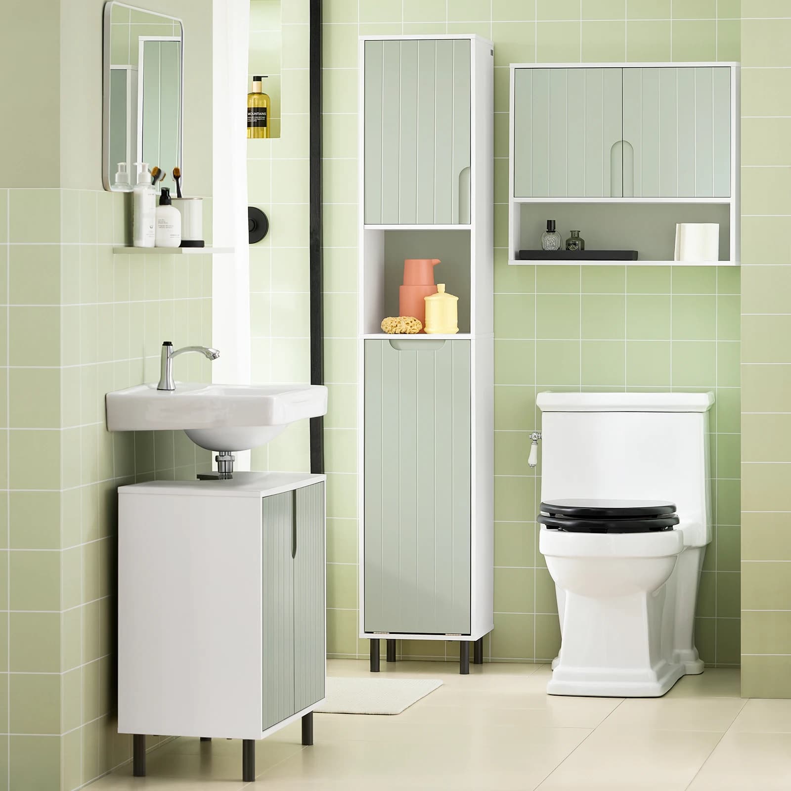 SoBuy BZR137-GR Mueble de baño estrecho con bolsa de lavandería Mueble de baño que ahorra espacio madera Blanco-Verde 167x31x30cm