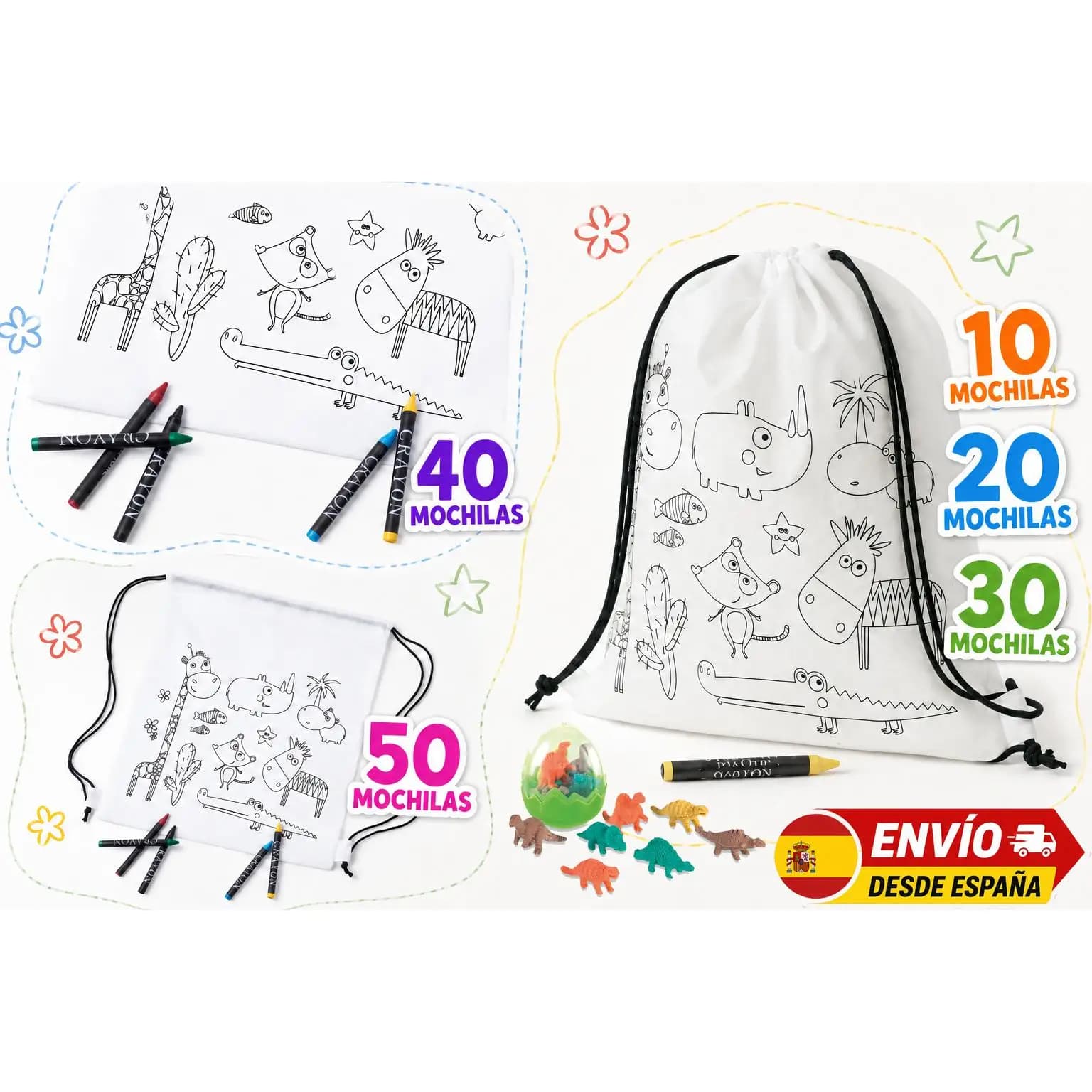 Mochila para colorear con ceras para niños. Pack 10, 20, 30, 40 y 50 pcs. Perfecto regalo de cumpleaños, bautizos y comuniones. Detalle ideal para