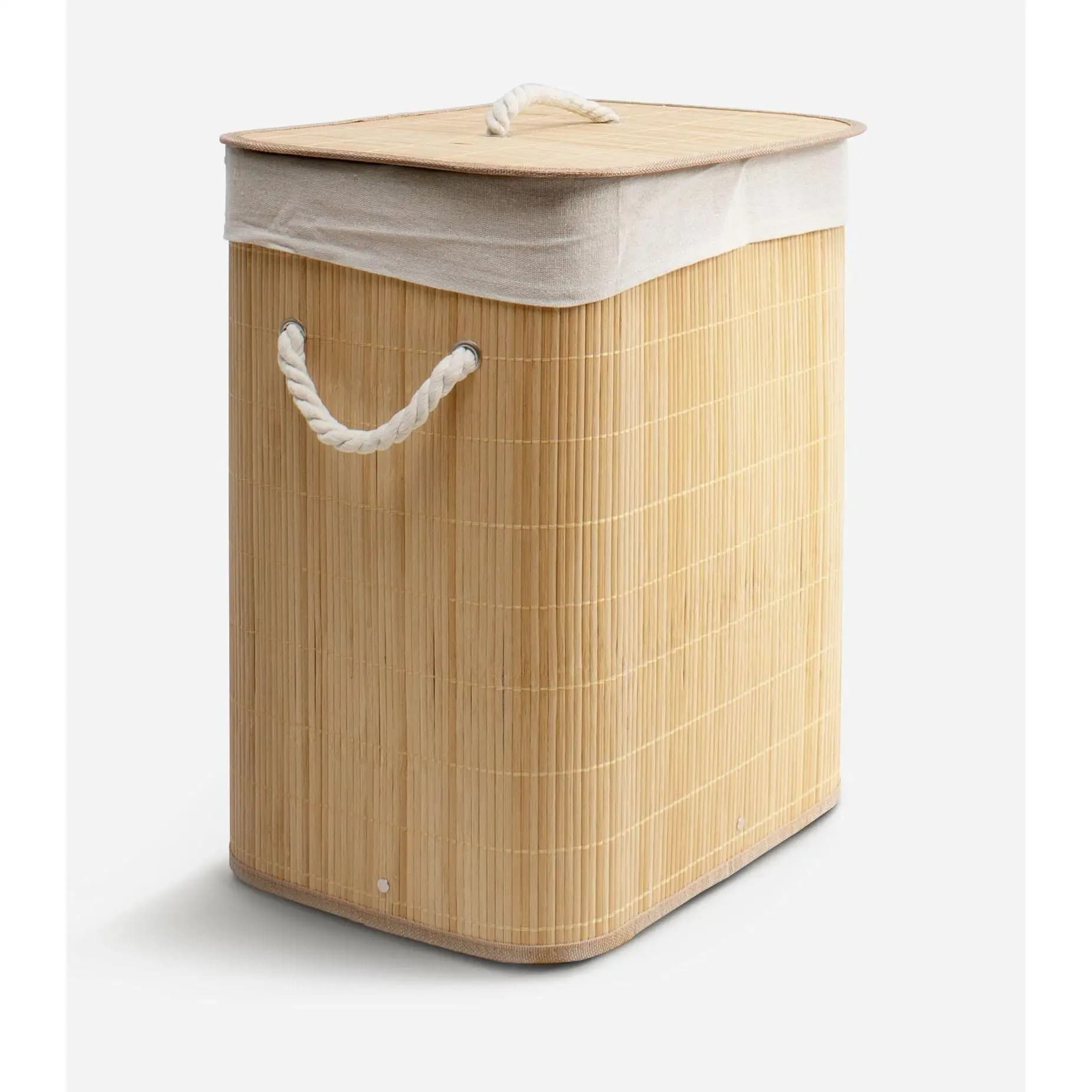 Cesto de Bambú con Tapa para la Ropa Sucia Compartimento Cubo Colada Lavanderia Plegable con Asa de Cuerda Cesta de Almacenamiento Organizador