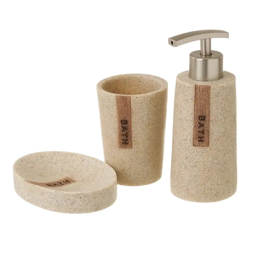 Lola Home Juego de dispensador jabonera y vaso portacepillos de resina beige