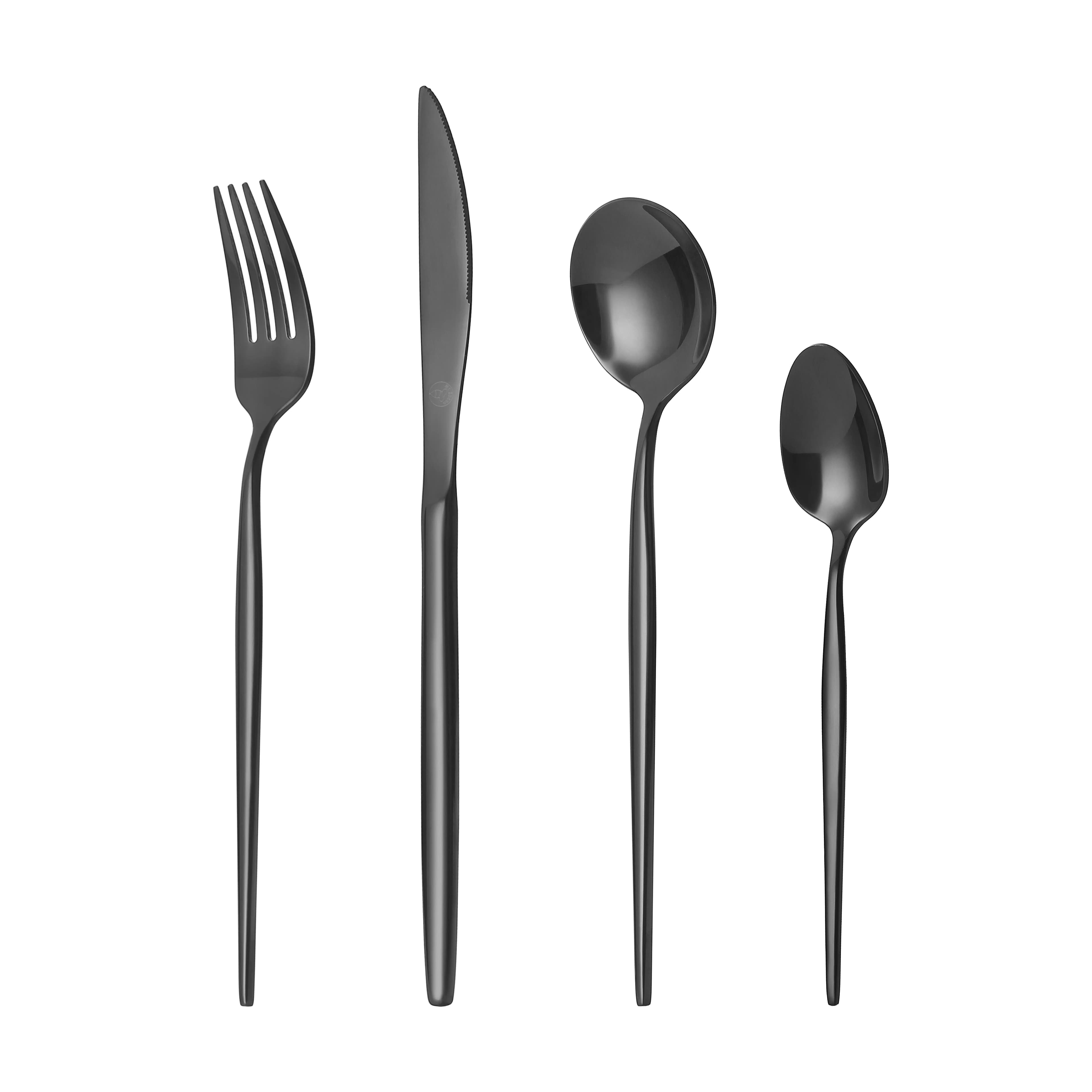 Mr.Spoon Juego 24 piezas cubiertos,Acero inoxidable 18/0,Color Negro brillo,Incluye cuchillo,tenedor,cuchara,cucharilla,Cubertería,Servicio para 6