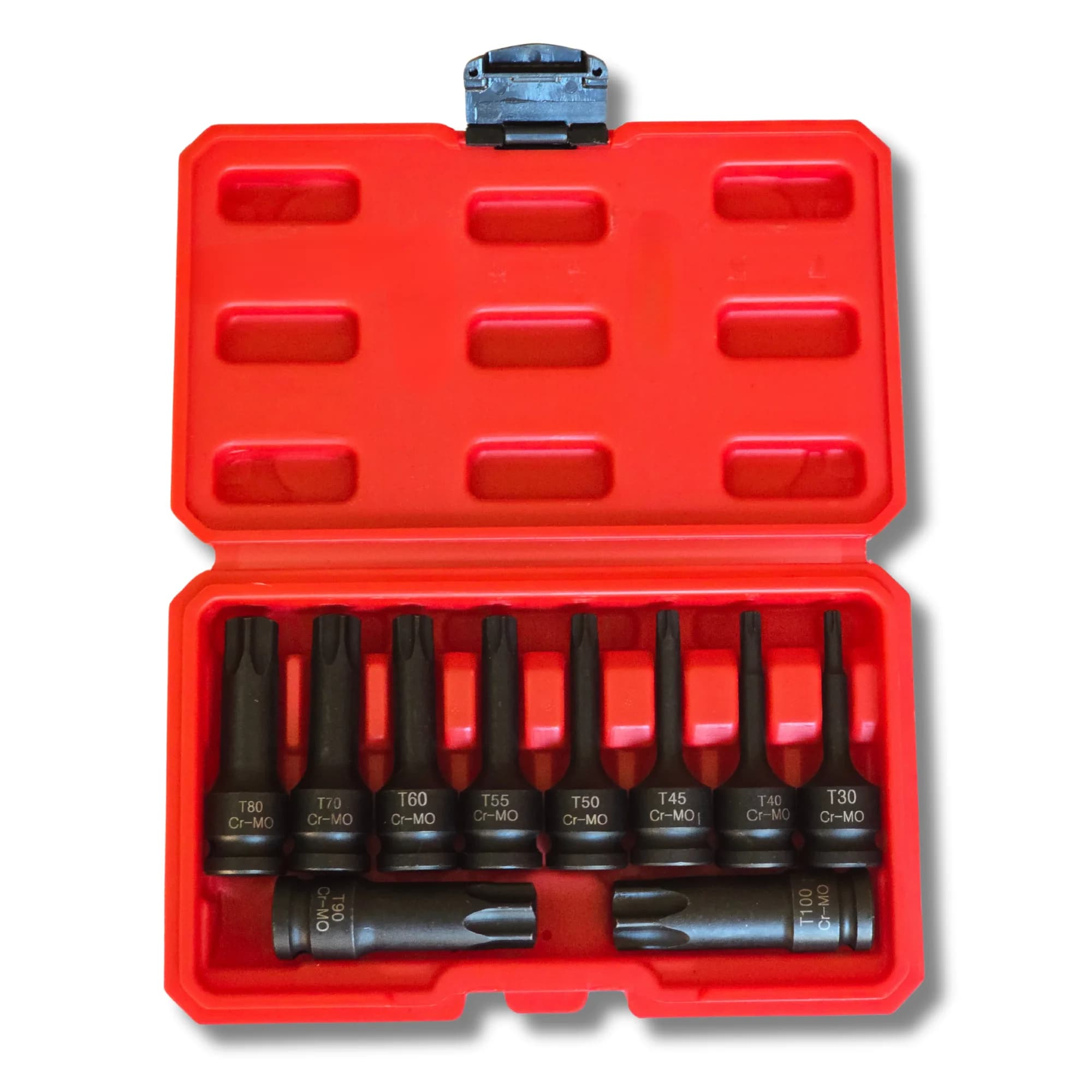 Juego de 10 Puntas Torx de Impacto 1/2" T30-T100 con Maletín –  Medidas T30, T40, T45, T50, T55, T60, T70, T80, T90, T100