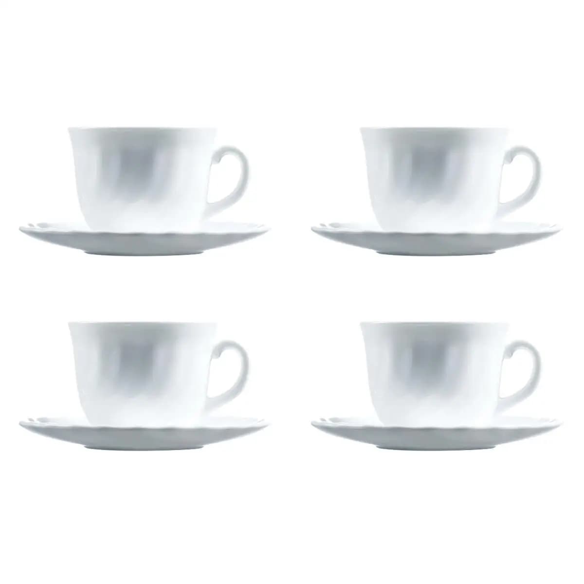 LUMINARC TRIANON Set 4 Tazas Con Plato Opal 28CL Blanco Brillo Fabricado en Francia Reciclable