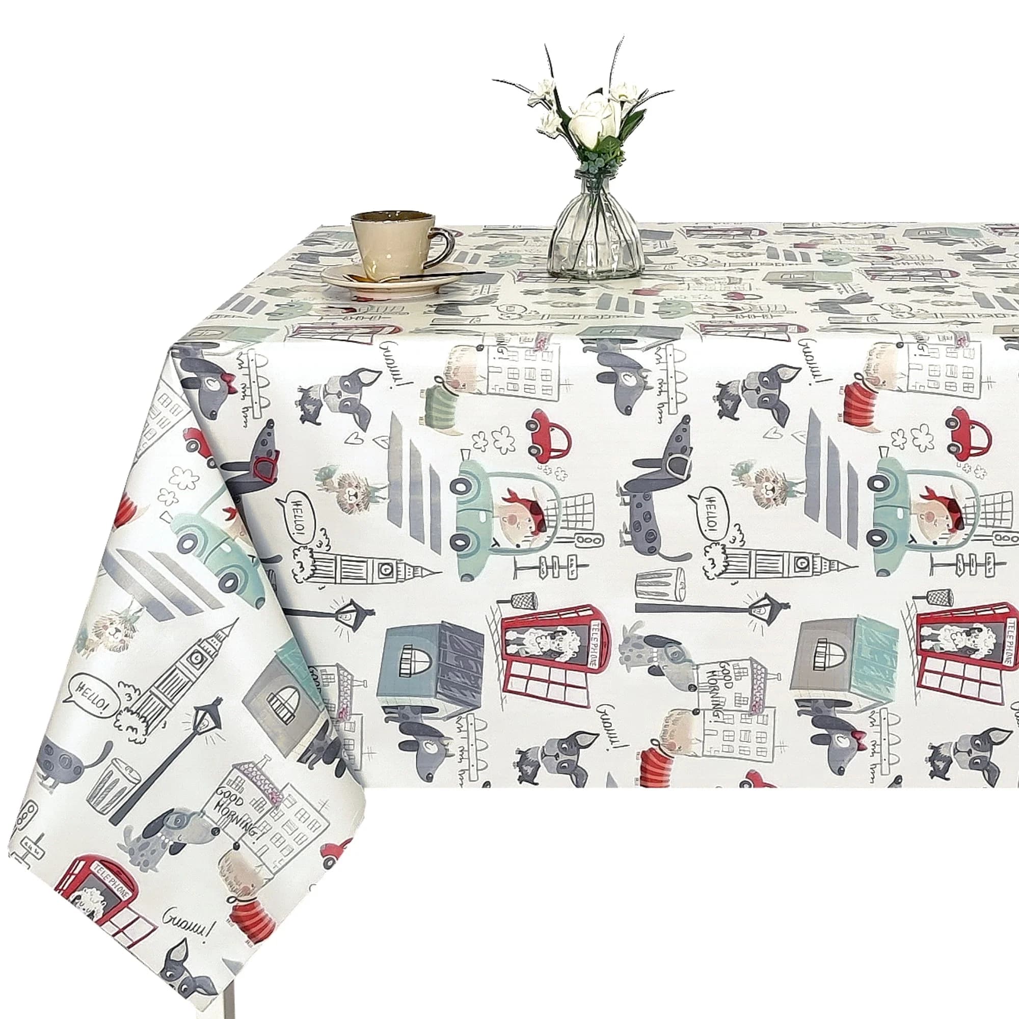Mantel de hule PVC impermeable y antimanchas, diseño infantil con coches y perros, fácil de limpiar, para cocina, comedor y jardín