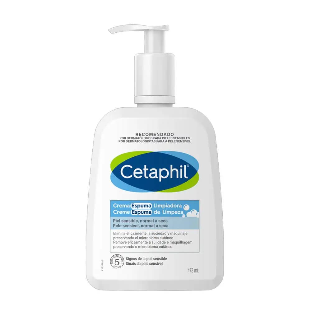 CETAPHIL Crema Espuma Limpiadora Facial, piel sensible, normal a seca, elimina la suciedad y el maquillaje preservando el microbioma cutáneo 473ML