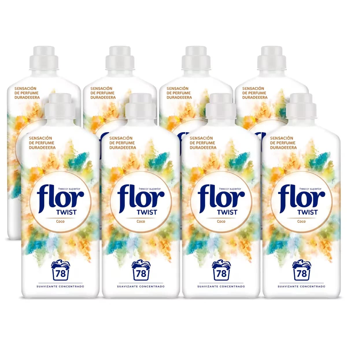 Suavizante Flor Concentrado para la Ropa x8, Twist Coco, Frutos Rojos, Melocotón, Delicado, Mediterraneo, Nenuco o Azul, 624 Lavados (8x 78 Lavados)