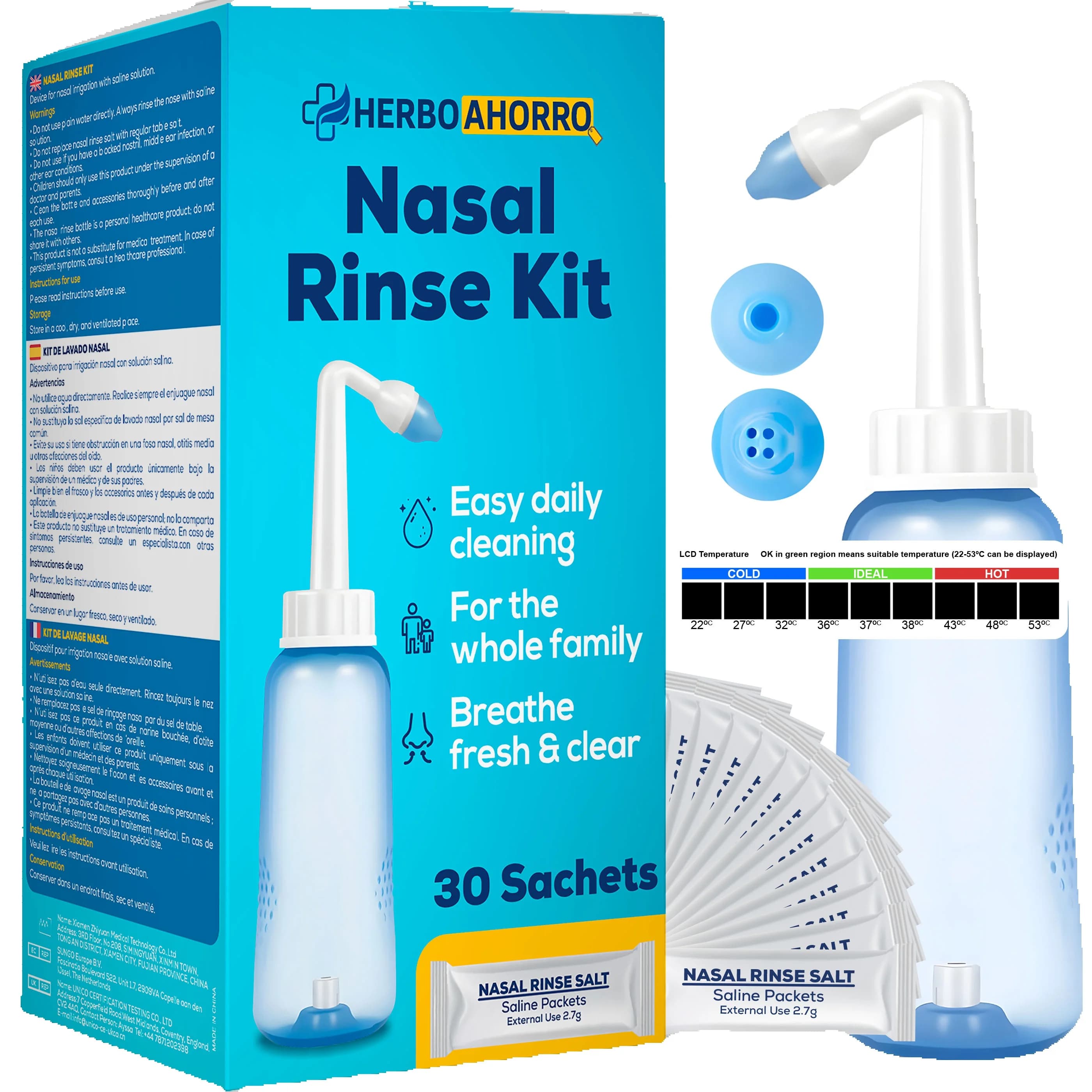 Kit de Lavado Nasal con Válvula de Control de Agua – Irrigador Nasal con 30 Sobres de Sal – Puntas para Adultos y Niños – Limpieza Nasal