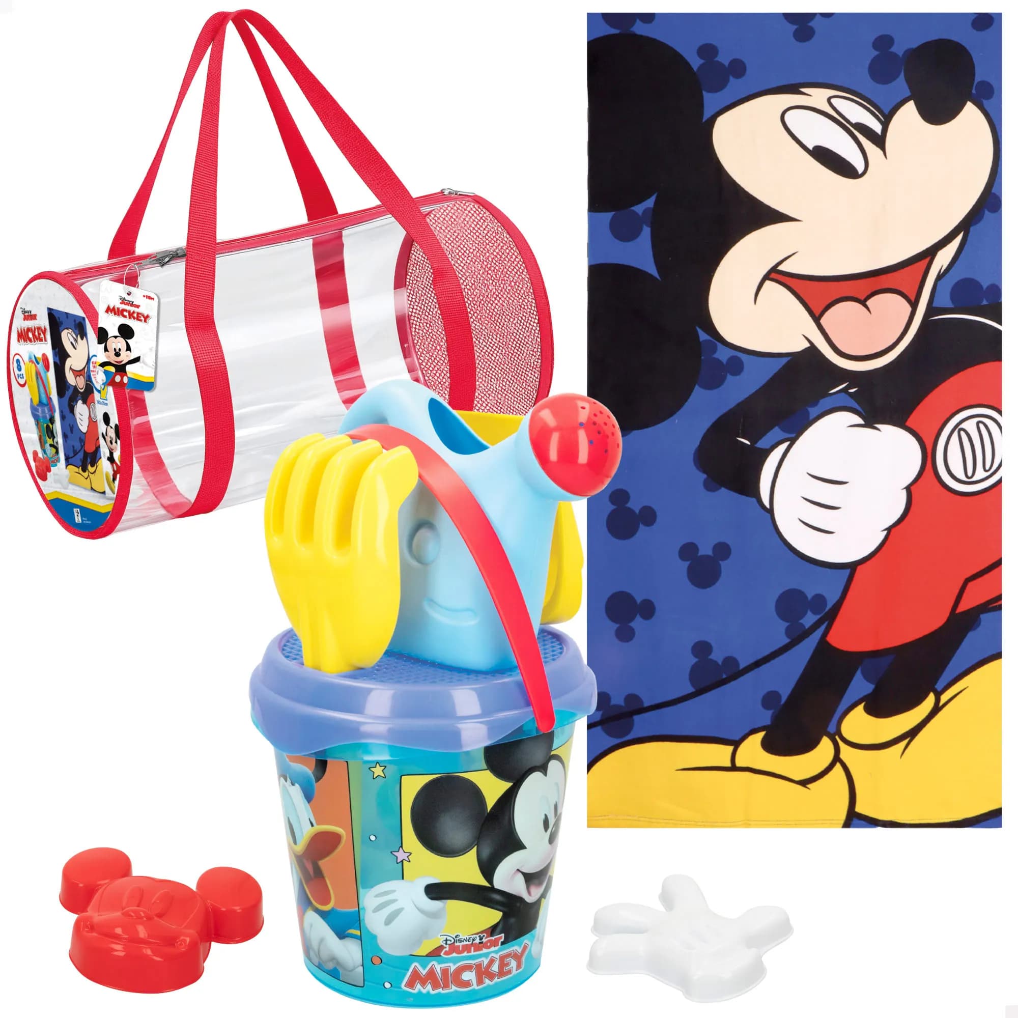 Mickey - Set de playa infantil, toalla Mickey, cubo de playa con pala y rastrillo, moldes de arena, juguetes de playa, a partir de 18 meses