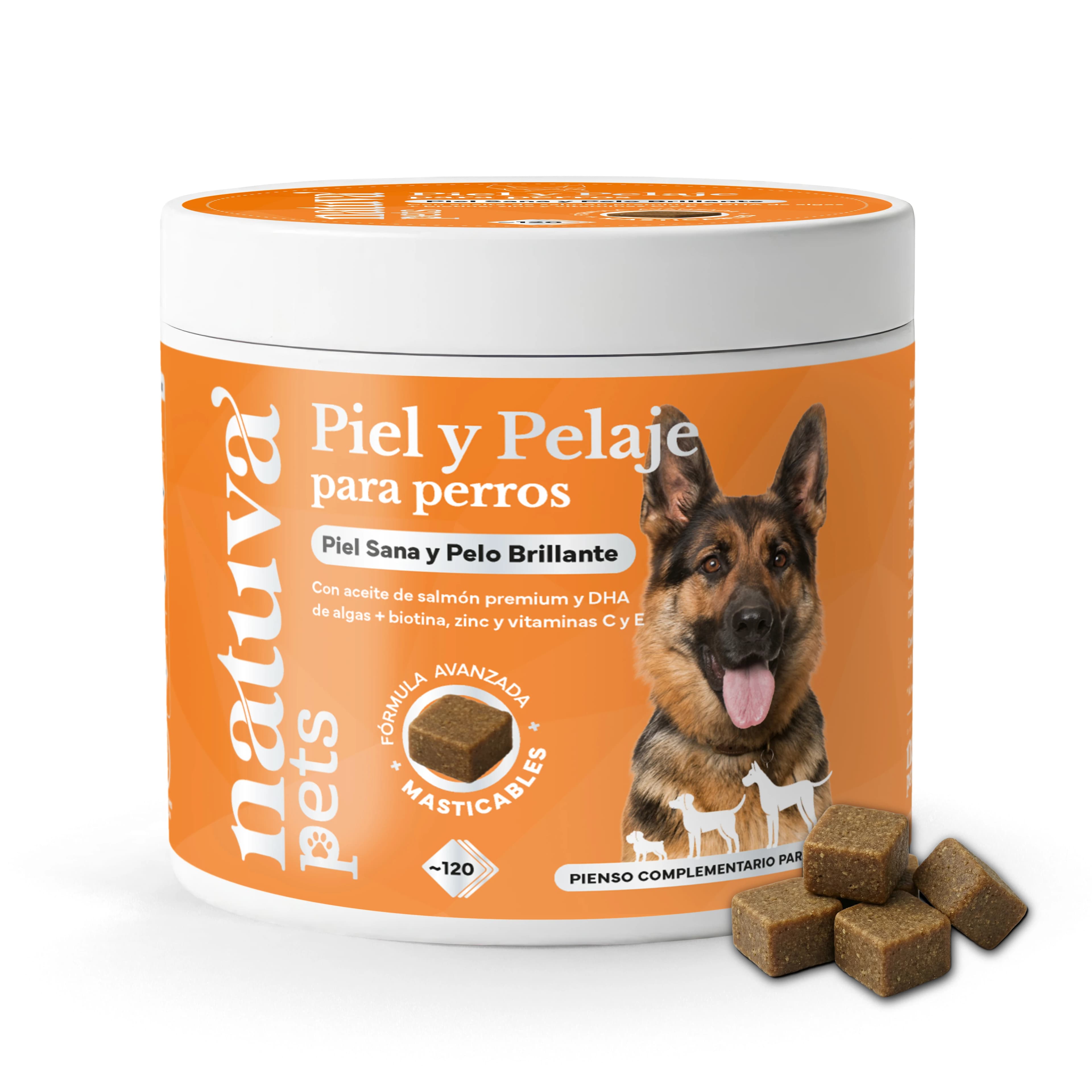Piel y Pelaje para Perros Natuva Pets - Piel Sana y Pelo Brillante - Con Aceite de Salmón y DHA de Algas - Con Biotina, Zinc y Vitaminas C y E - 120