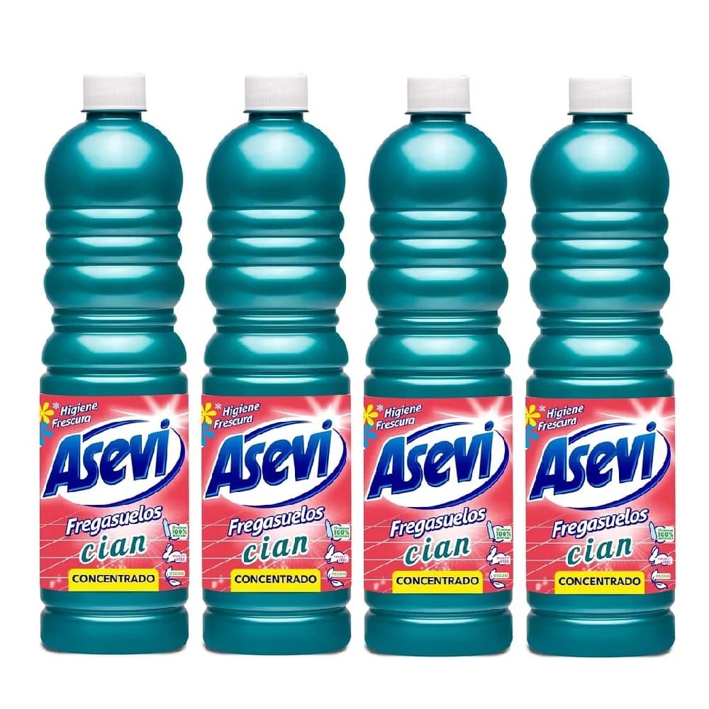 Asevi Fregasuelos Concentrado Cian, Pack Ahorro 4x1L, Friegasuelos Concentrado Superperfumado, Aroma Fresco Flores Blancas, Limpiasuelos Con pH Neutro