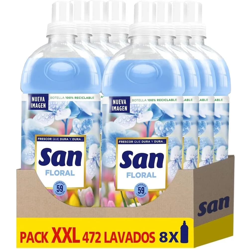 SAN Suavizante Ropa Lavadora Líquido Concentrado Floral, Pack de 8 x 59 Lavados = 472 Dosis, Fragancia Duradera, Apto para Pieles Sensibles y Prendas