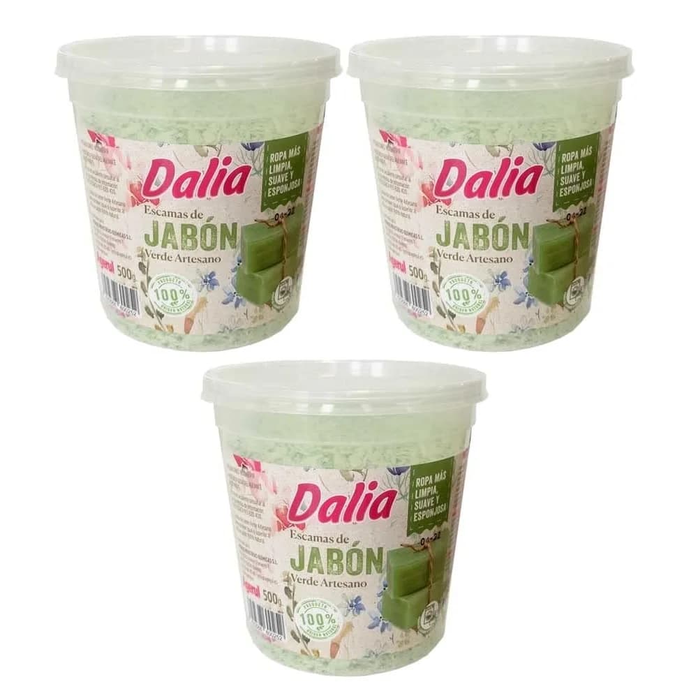 Dalia Jabón verde artesano en escamas para el lavado de tejidos manual y lavadora. Pack 3 unidades x 500g (1.500g) - Origen natura. Tejidos limpios,