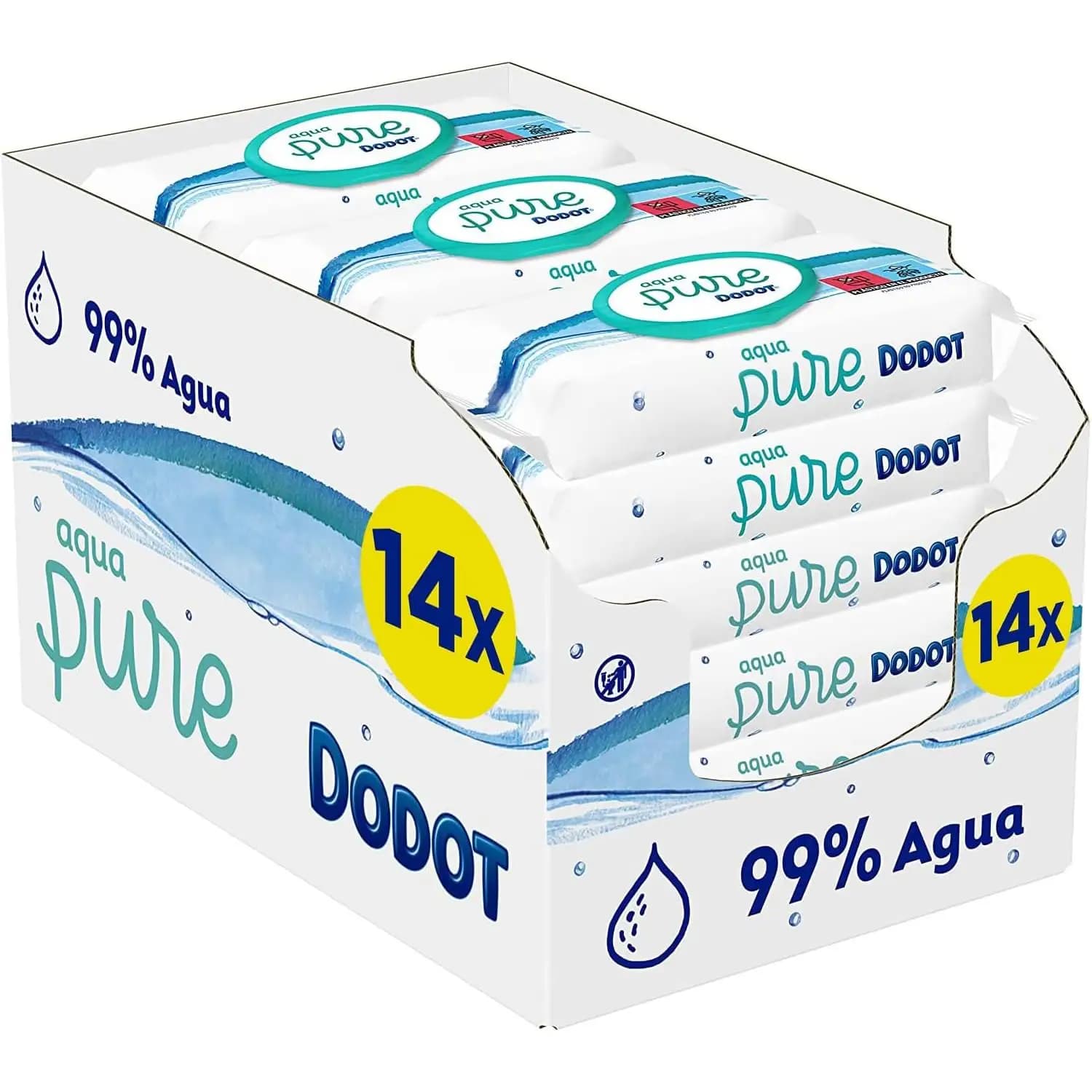 Dodot Toallitas Pure Aqua para Bebé, 99% Agua, 672 Toallitas, 14 Paquetes (14 x 48) de Toallitas para Bebé (formato de duplo)
