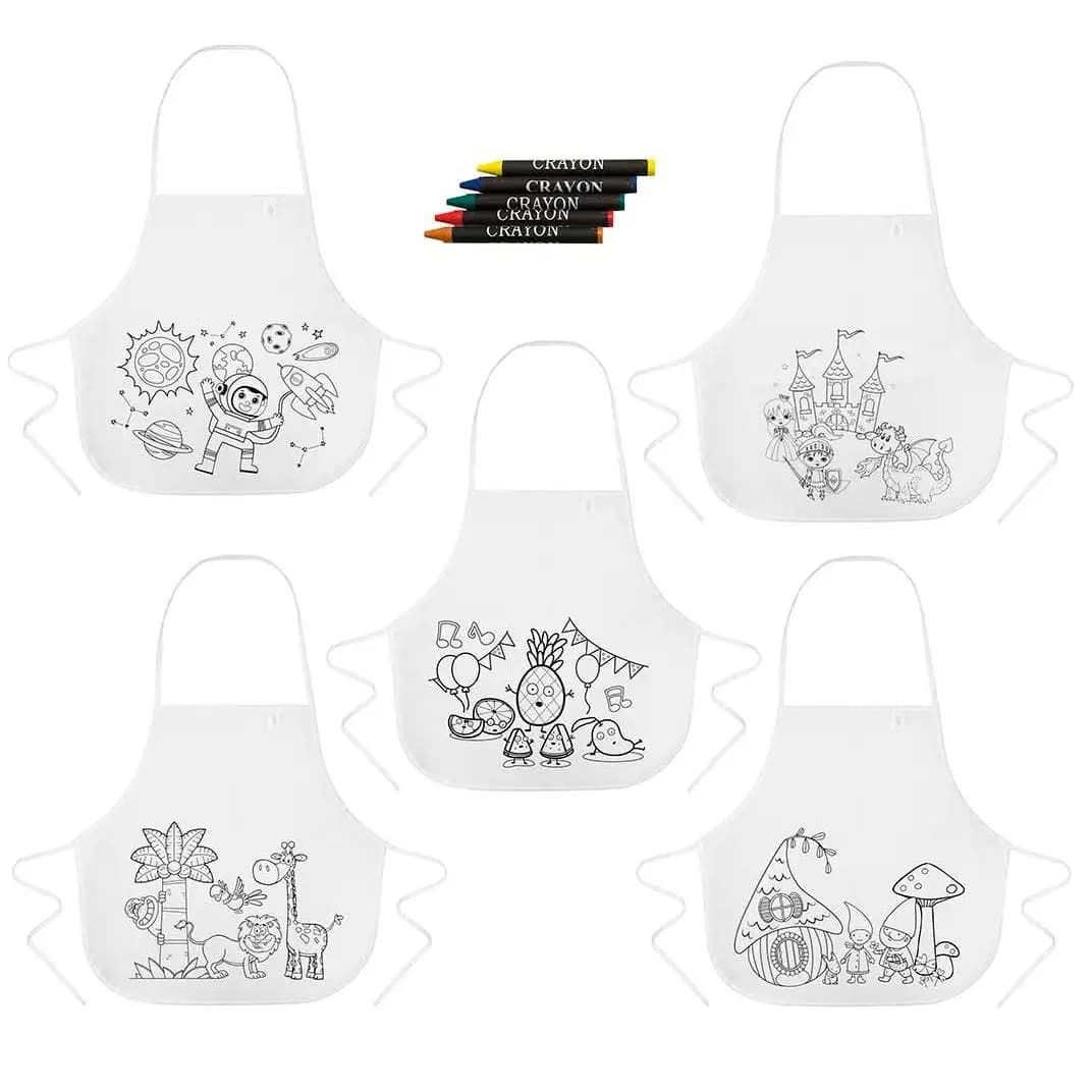 Delantales infantiles para Colorear con 5 Ceras Dibujos Infantiles. Con 5 divertidos diseños. Un original regalo para dar como detalle a niños y