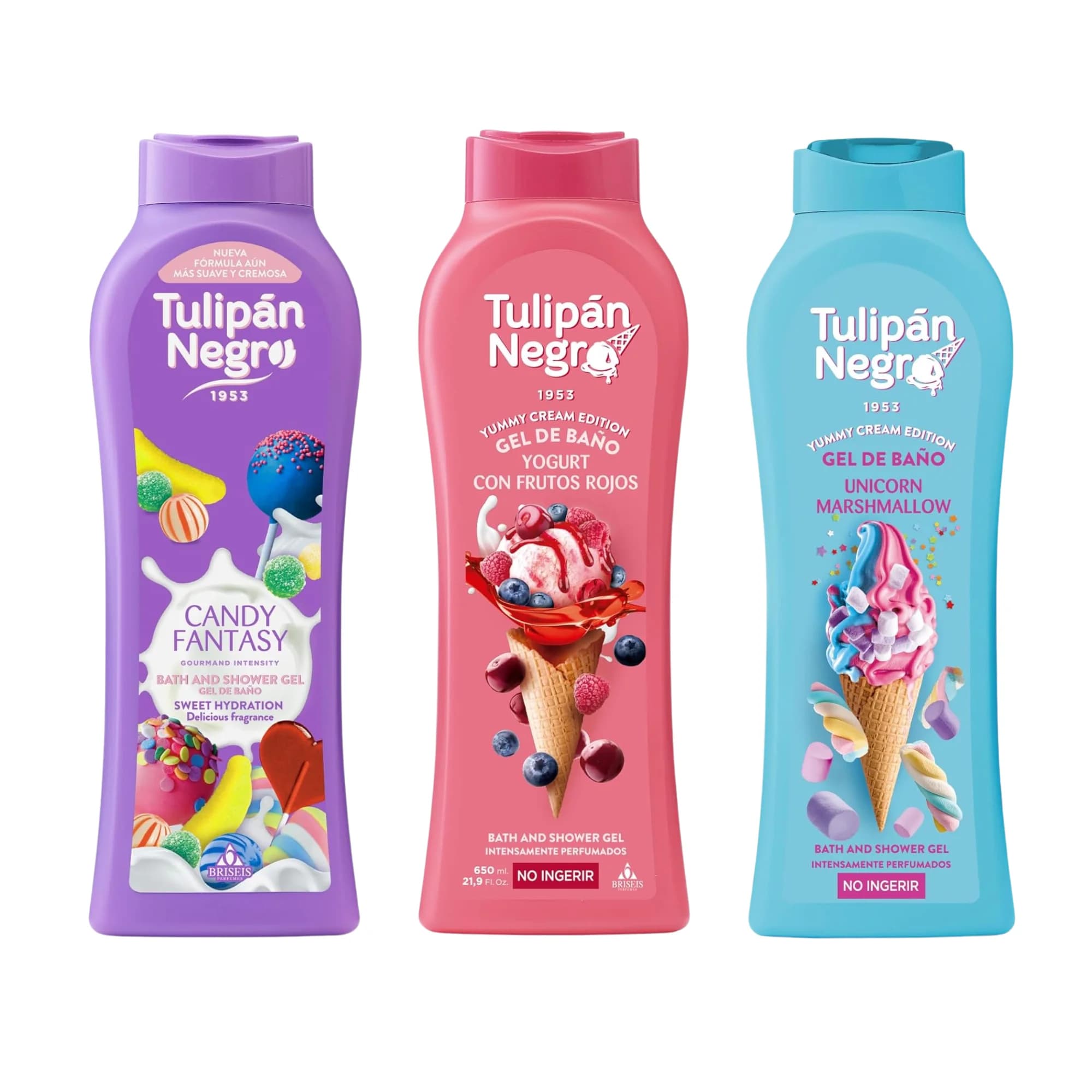 Tulipán Negro - Pack 3 Geles de Baño 650ml – Candy Fantasy, Yogurt Frutos Rojos y Unicorn Marshmallow 🌈🍓🍬 Hidratación & Aroma