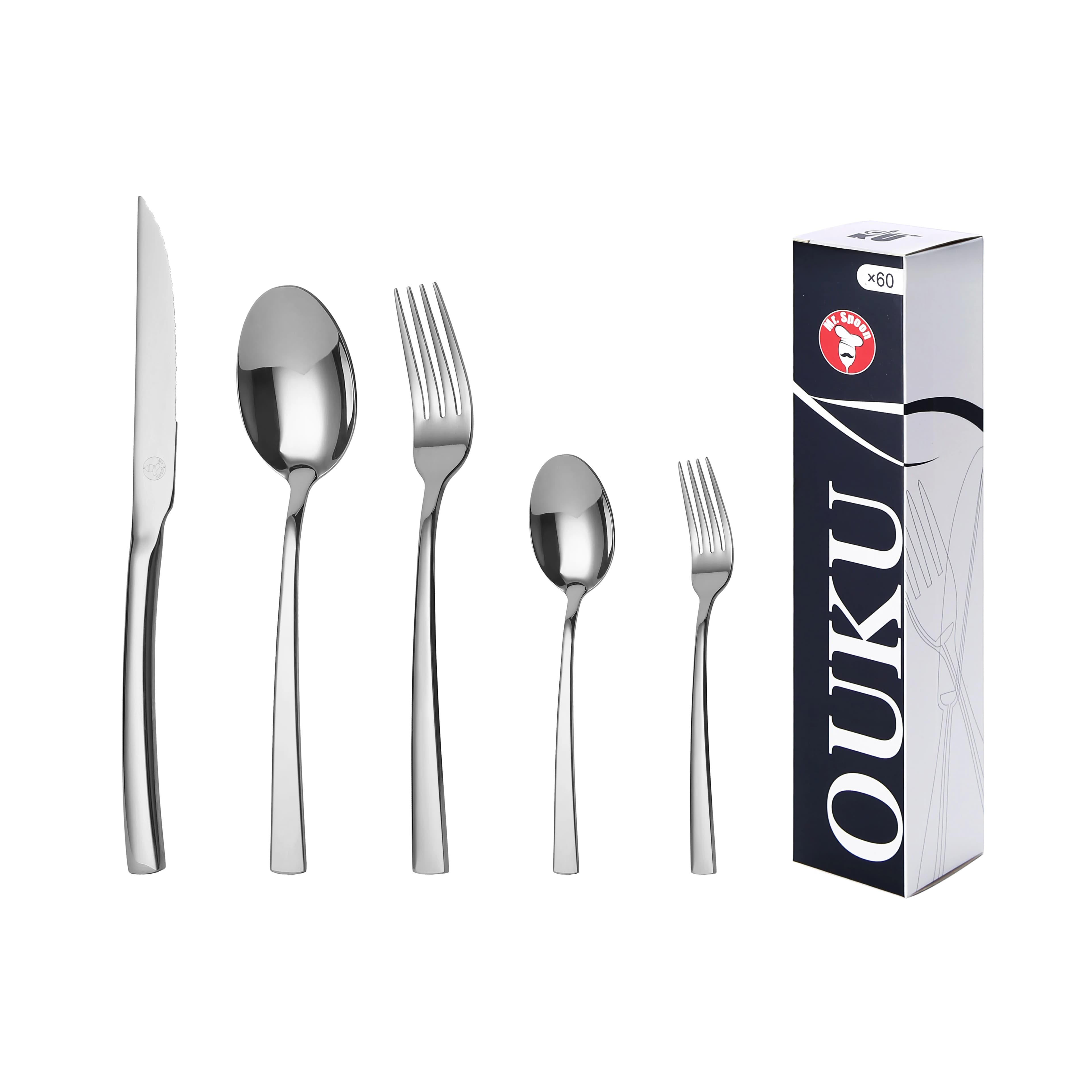 Mr.Spoon Serie Montaña Juego de 60 o 72 piezas cubiertos,Acero Inox 18/0, Plateado,Económico y funcional,Incluye cuchillo de carne o