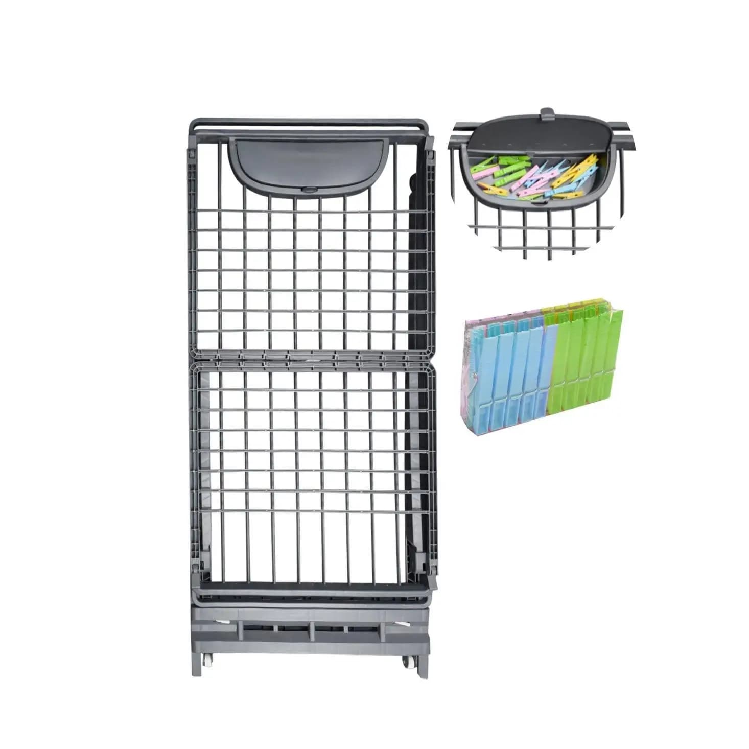 Tendedero Plegable con Ruedas de Resina con 21m de Tendido Clips para Perchas y Cierre de Seguridad Incluye Cajón para Pinzas