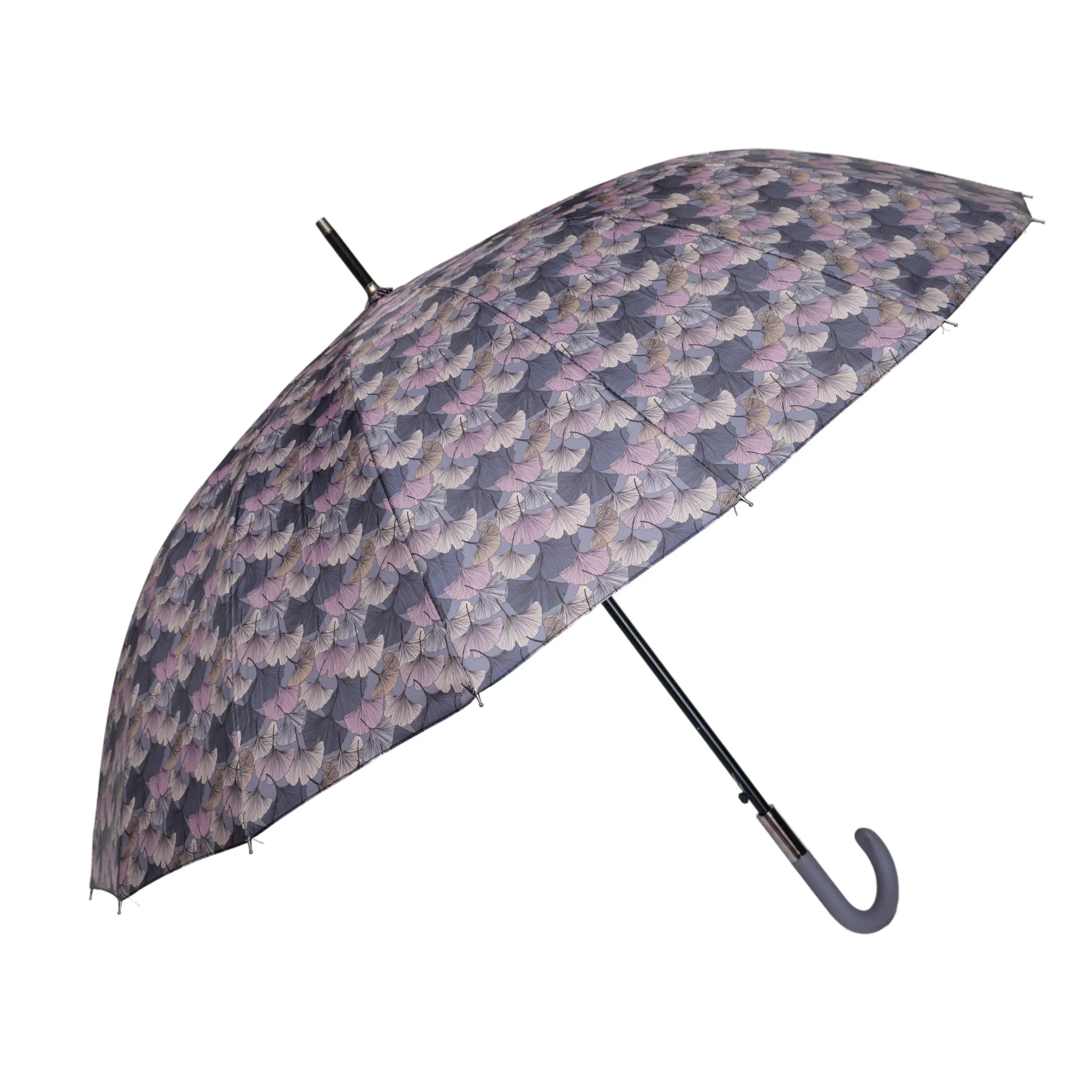 J.S ONDO PARAGUAS LARGOS CON ESTAMPADO DE gingko biloba 16 VARILLAS ANTIVIENTOS Paraguas automático de bastón resistente al viento, paragua grande