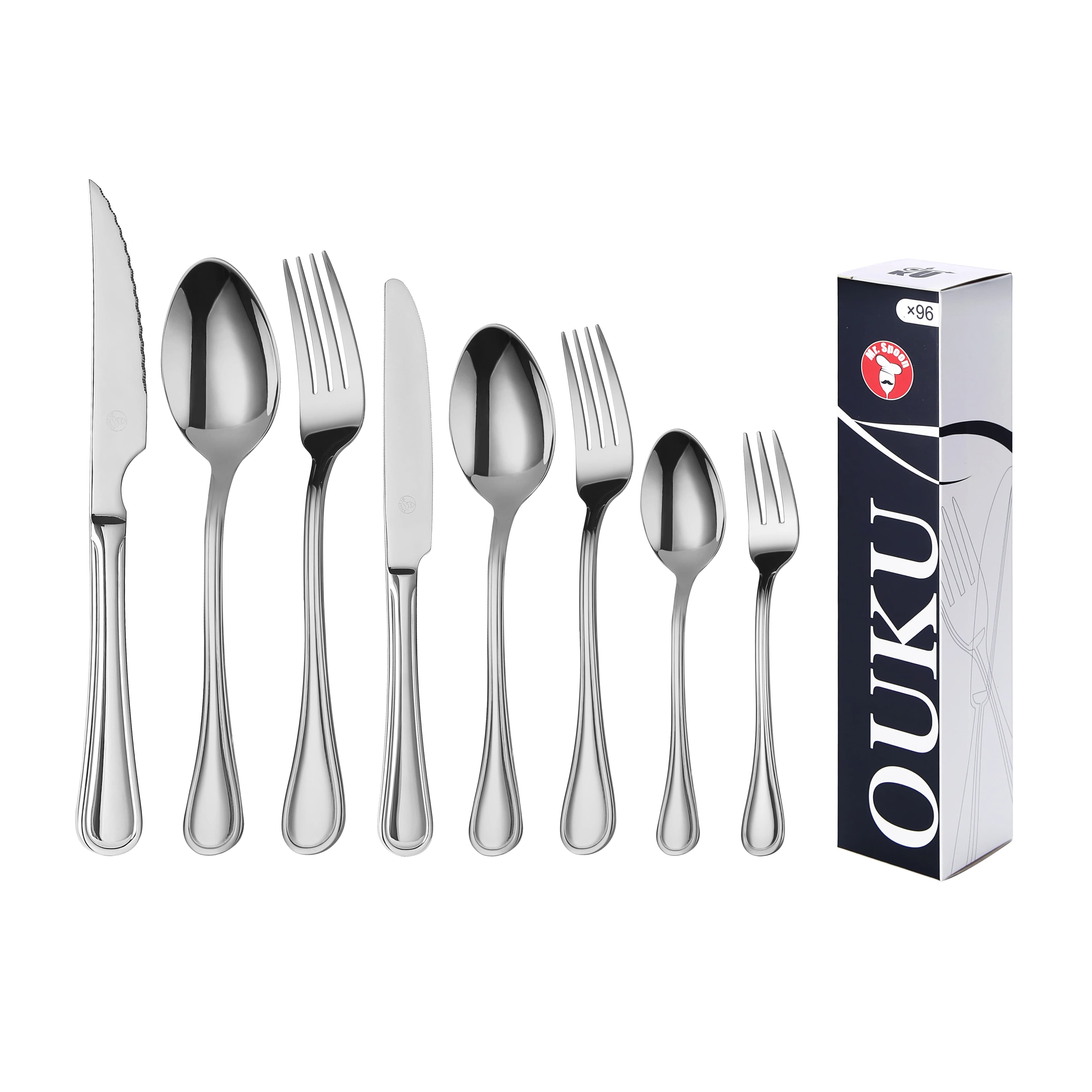 Mr.Spoon Serie Raya Juego 96,108 o120 piezas cubiertos,Acero Inoxidable 18/0,Plateado,Económico y funcional,Incluye cuchillo carne o