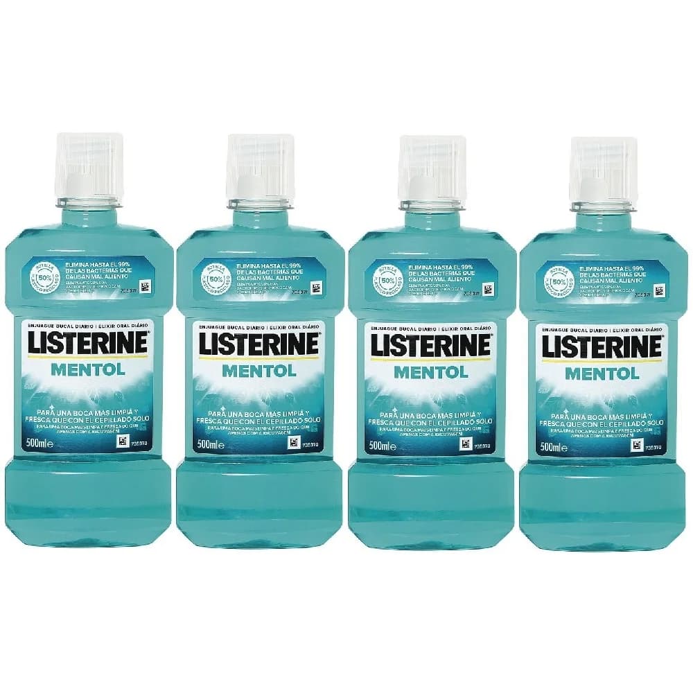 Listerine Enjuague Bucal Mentol 500ml, Pack Ahorro 4x500ml, Colutorio Con Fluor, Ofrece 24 Horas De Proteccion, Elixir bucal Mentolado Para un Aliento