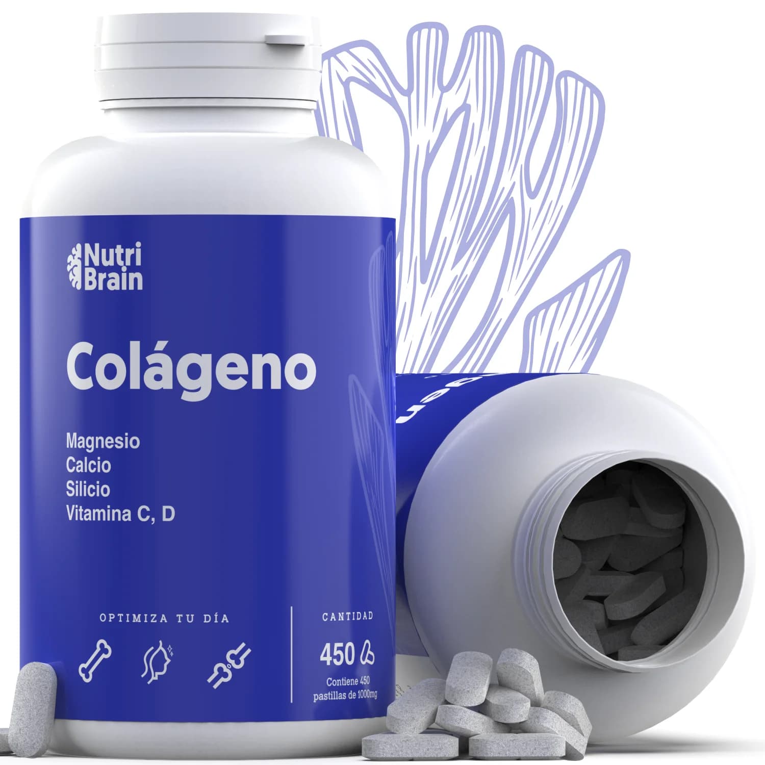 Colágeno Hidrolizado con Magnesio Nutribrain - Bote XXL 450 Cápsulas (6 meses) - Potenciado con Calcio y Vitamina C
