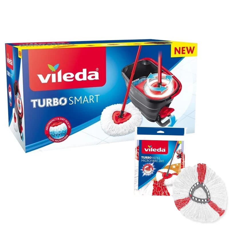 VILEDA Turbo Smart – Set con Cubo con Pedal, Palo 3 Piezas y Fregona Triangular de Microfibras + 1 Repuesto Extra, Limpieza Eficaz para Esquinas