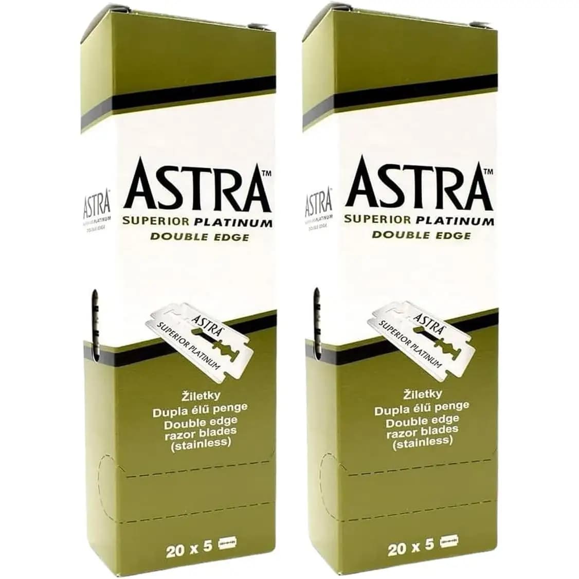 ASTRA-200 cuchillas de afeitar (2 cajas de 20x5) Astra Platinum Hojas de afeitar unisex de doble filo (inoxidable), 20 cajas de 5 hojas