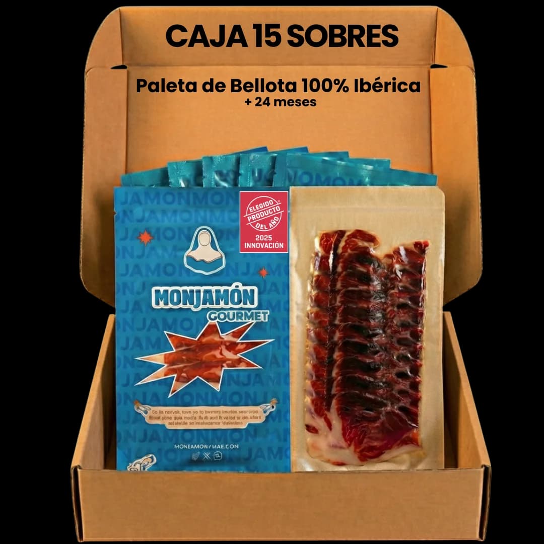 15 SOBRES DE Sagrada PALETA DE BELLOTA 100% IBÉRICA 24 meses PREMIUM - Pata Negra - 80gr/ud [ Elegido Producto del Año 2025] - Brida Negra - Calidad