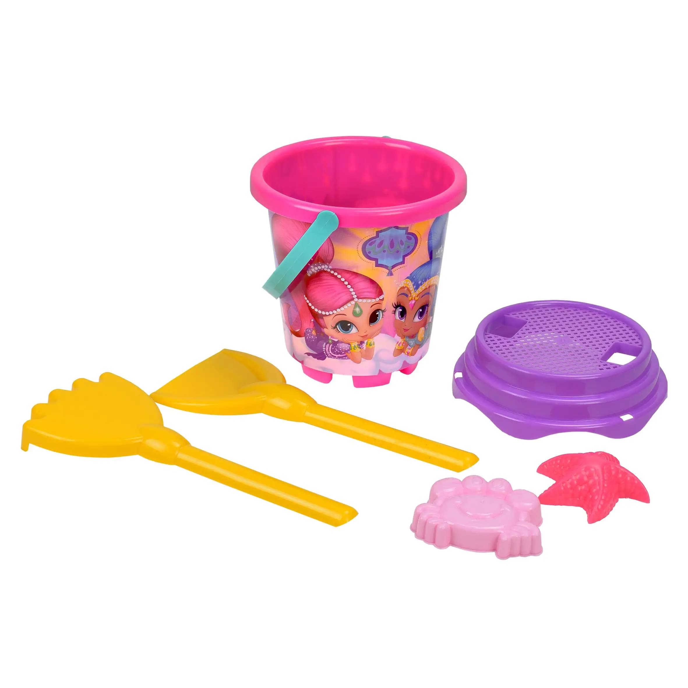 Cubo para playa con pala, rastrillo, cedazo y dos moldes sin y con Mochila con diseño Shimmer and Shine (SIN 2703)(CON 2706) (con regadera 2707)