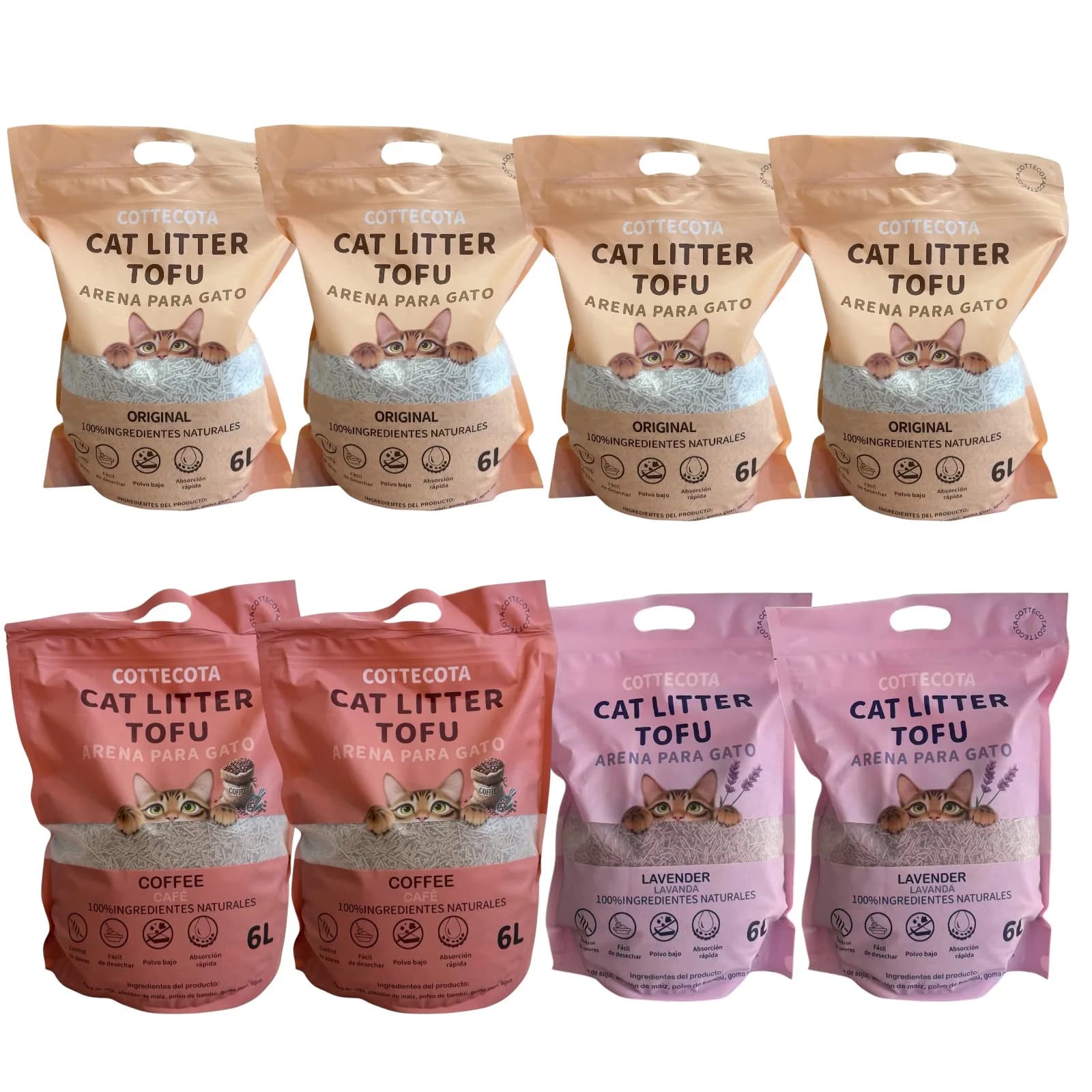 COTTECOTA-Arena para Gatos 6 L de Tofu Lavanda Café Vainilla , Lecho natural para Gatos Libre de Polvo Arena Natural Aglomerante ,Arena para mascota