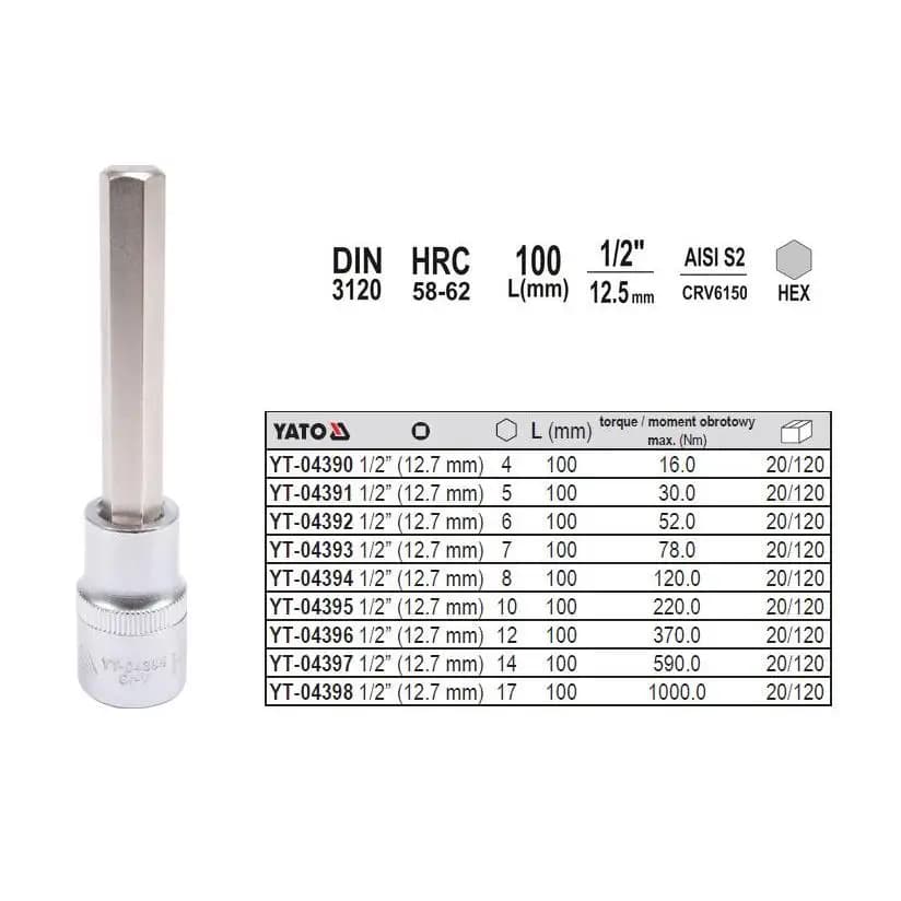 Yato YT-04398 screwdriver bit 1 piece, hexagonal metric, made of chrome vanadium steel, perfect for precision tasks in repair kits and compatible with