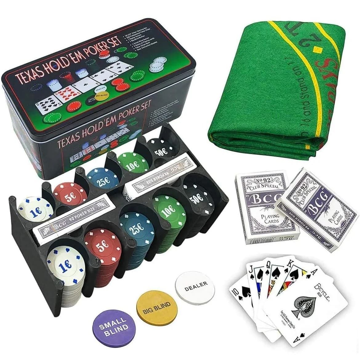 C.A | Set de Póker ♠️ | 200 Fichas | Caja de Metal y Tapete | Juego Completo Profesional