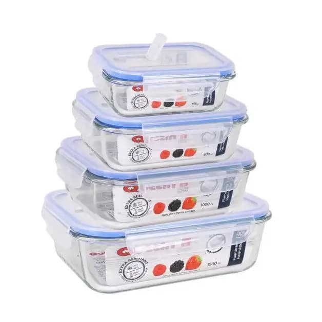 Set de 3 y 4 Recipientes Herméticos de Vidrio Borosilicato - Fiambreras Rectangulares, Cuadradas y Redondas - 375cc a 1500cc - Válvula para