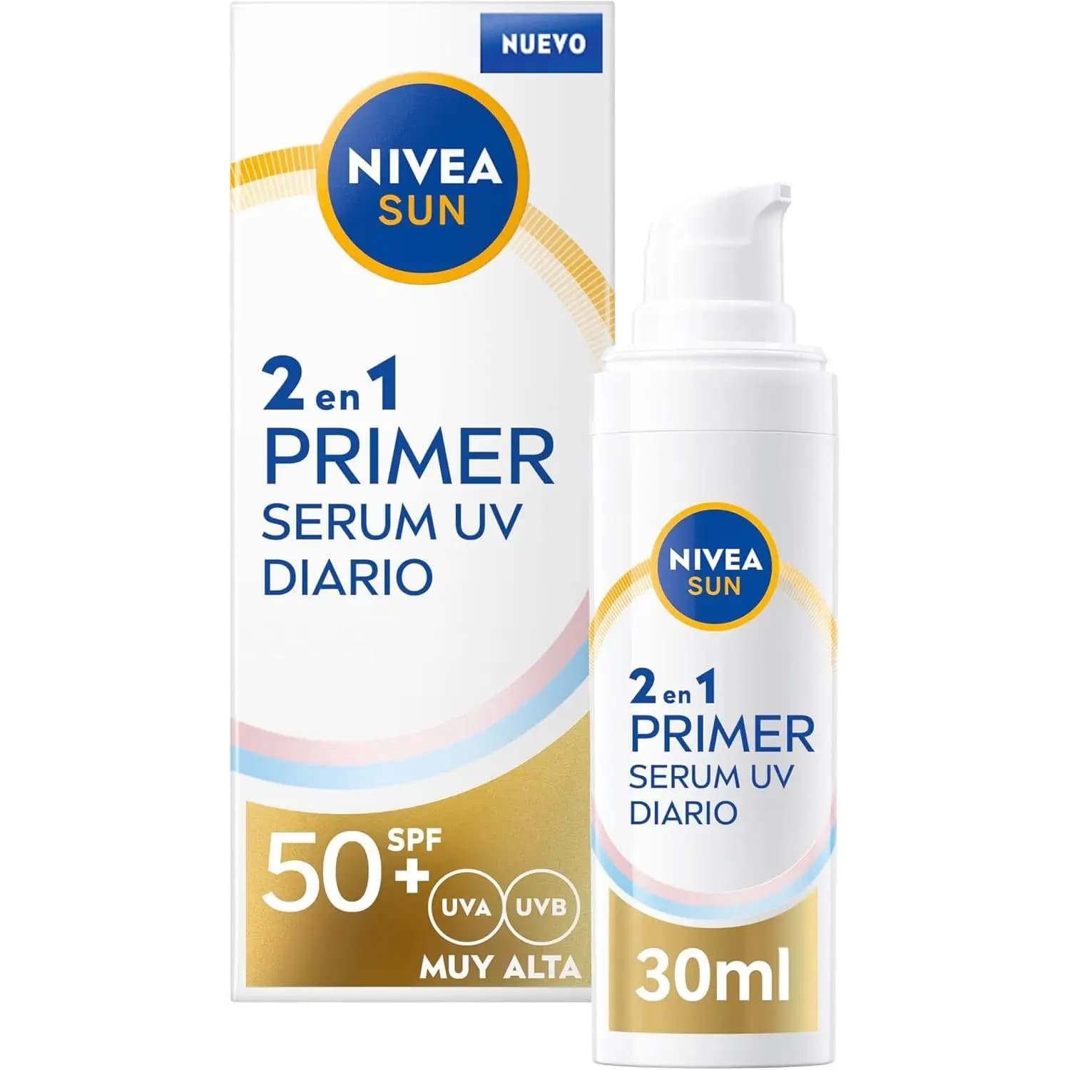Nivea Sun Primer Sérum UV Diario 2en1, sérum facial con protección solar SPF 50+, protector solar facial que protege y suaviza la piel, con Ácido