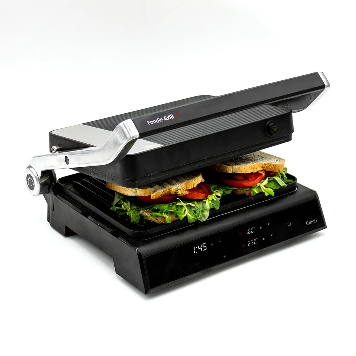 Parrilla eléctrica, Foodie Grill 2000W, Revestimiento Antiadherente, Apertura 180º, Adaptable en Altura, Placas intercambiables antiadhentes.