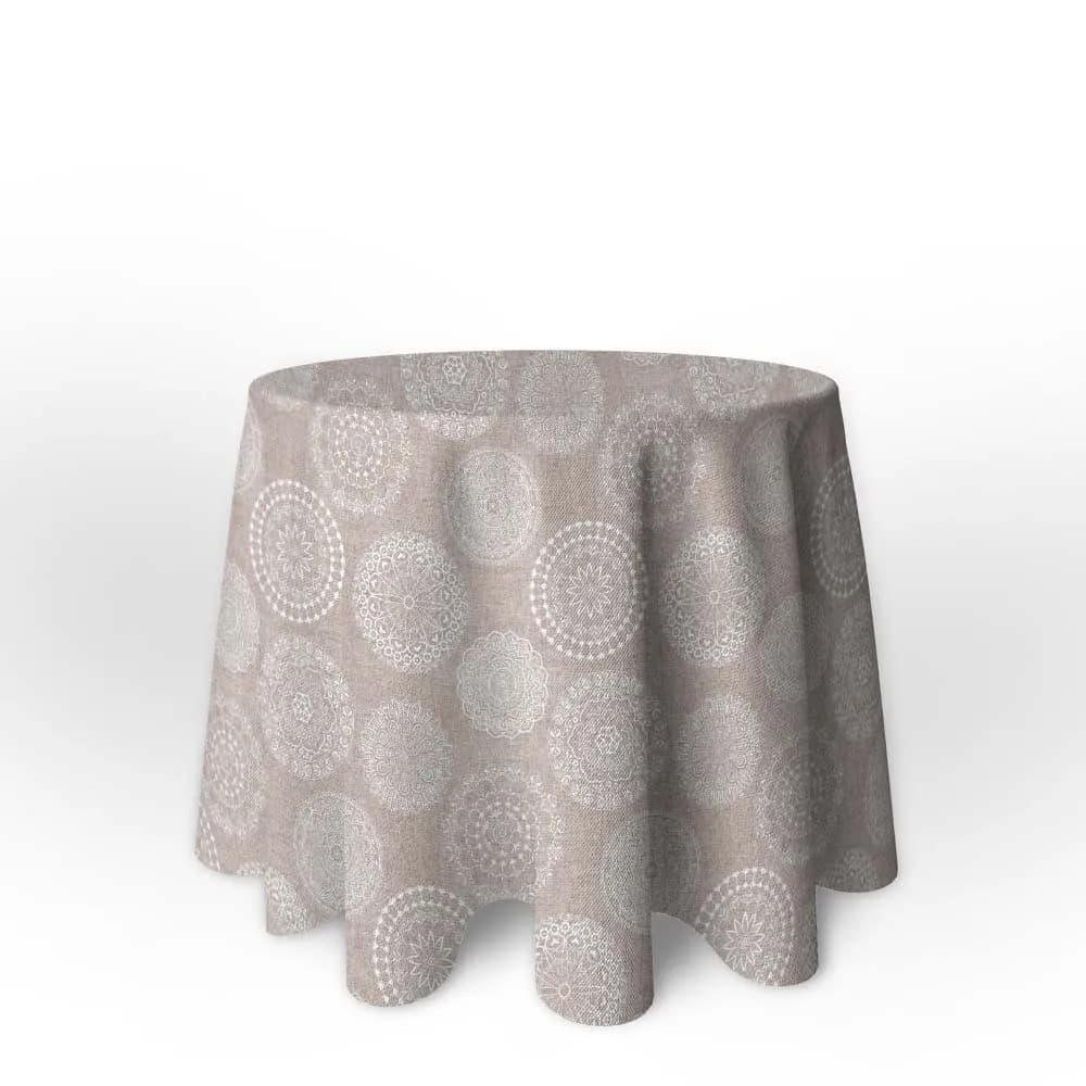 La Fábrica de las Telas - Falda Mesa Camilla Redonda Primavera Verano Loneta estampada mandalas algodón color beige y gris. Faldón Faldilla