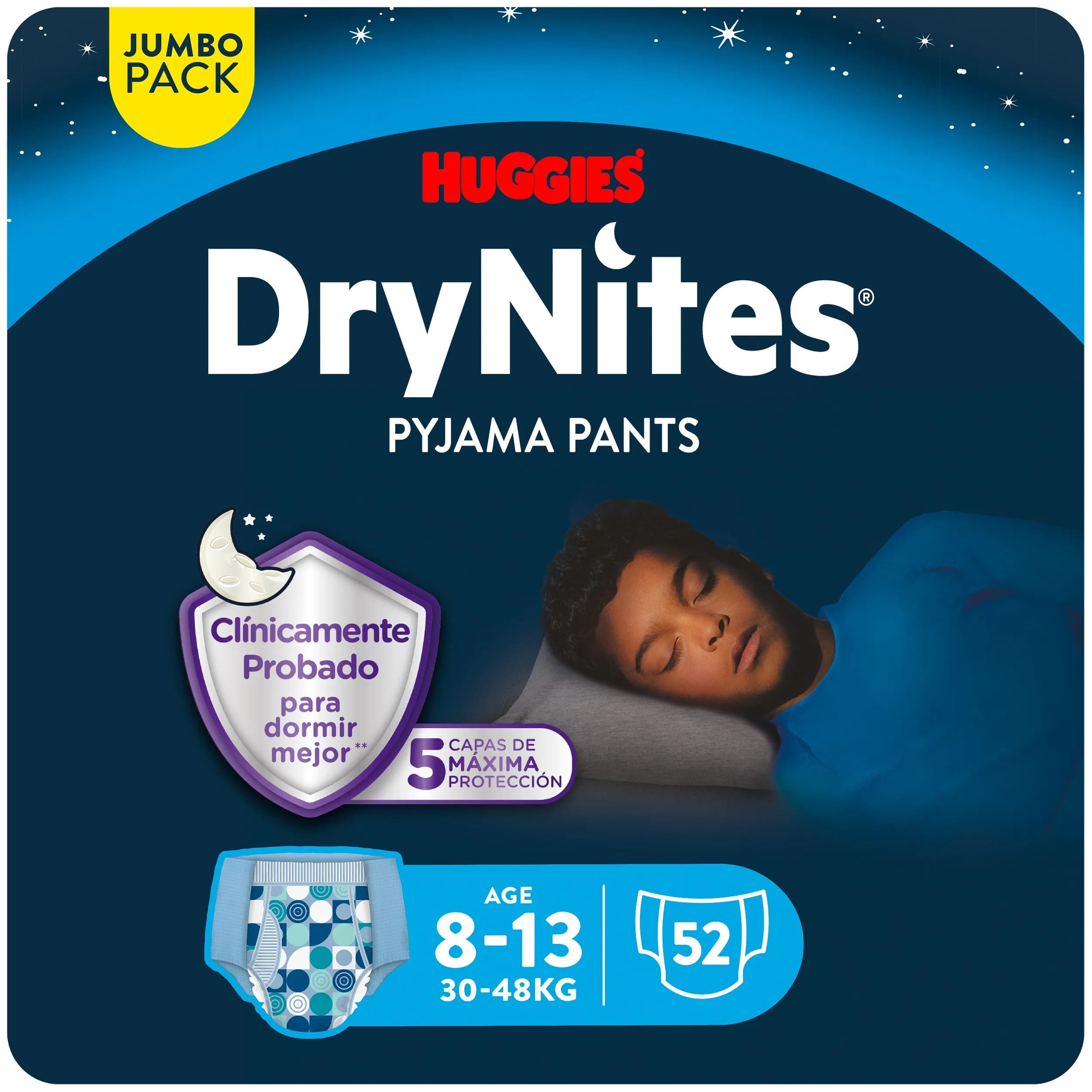 Huggies DryNites Pyjama Pants Para Niño y Niña. Disponibles en Talla 3-4, 4-7, 8-13.