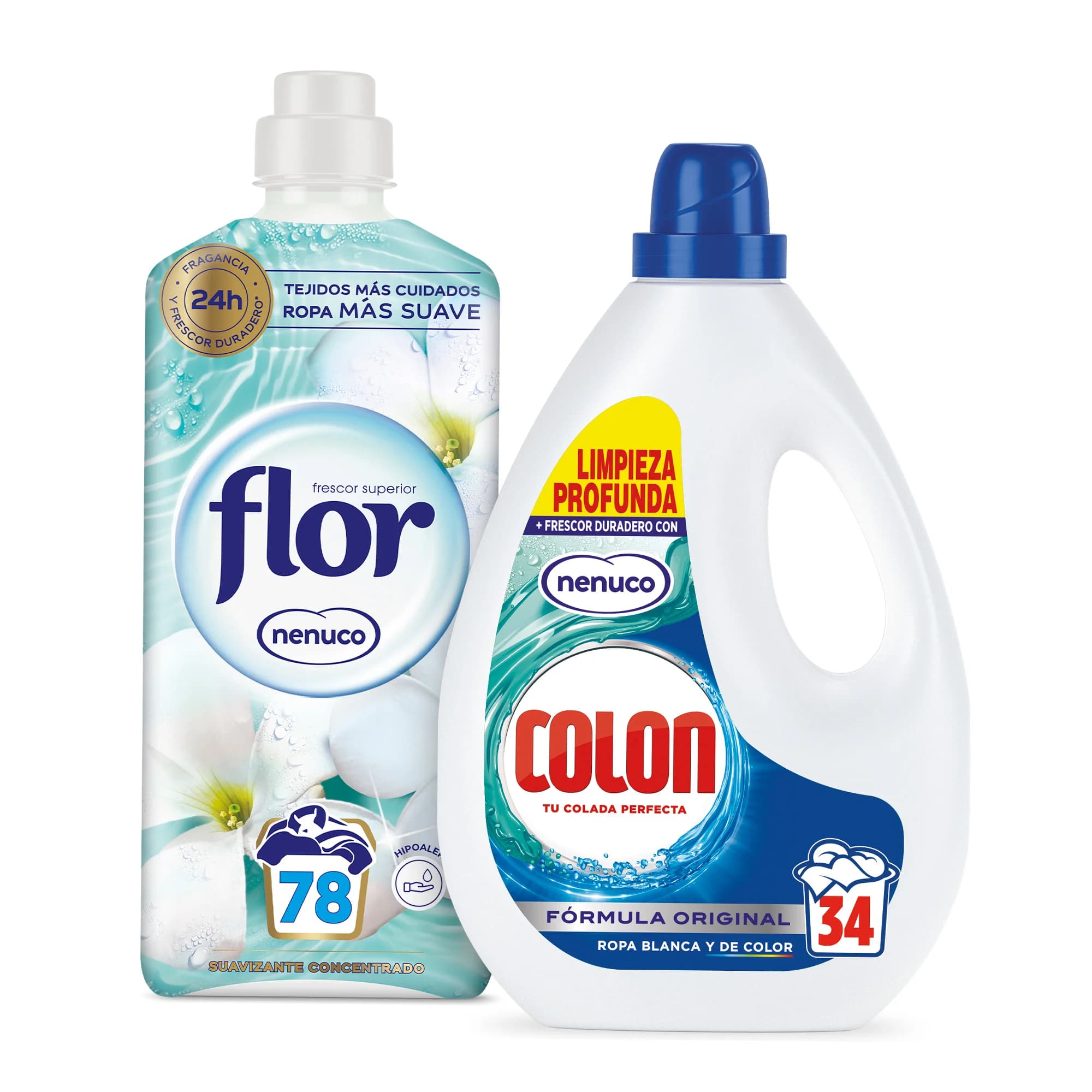 Flor Suavizante Nenuco 78 dosis + Colon Detergente Gel Nenuco 34 dosis | Frescor 24h | Para Ropa Blanca y de Color | Fragancia Original