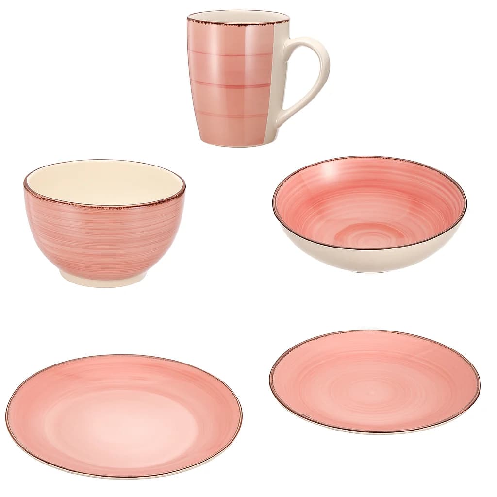 Family 5 Juego de vajilla rosa nórdica de cerámica, platos, cuencos y taza, apto para microondas y regalo