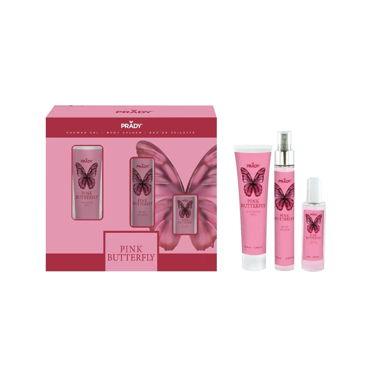 Pack para el cuidado del cuerpo - Pink Butterfly  PRADY ESTUCHE DE GEL + BODY SPLASH+ COLONIA