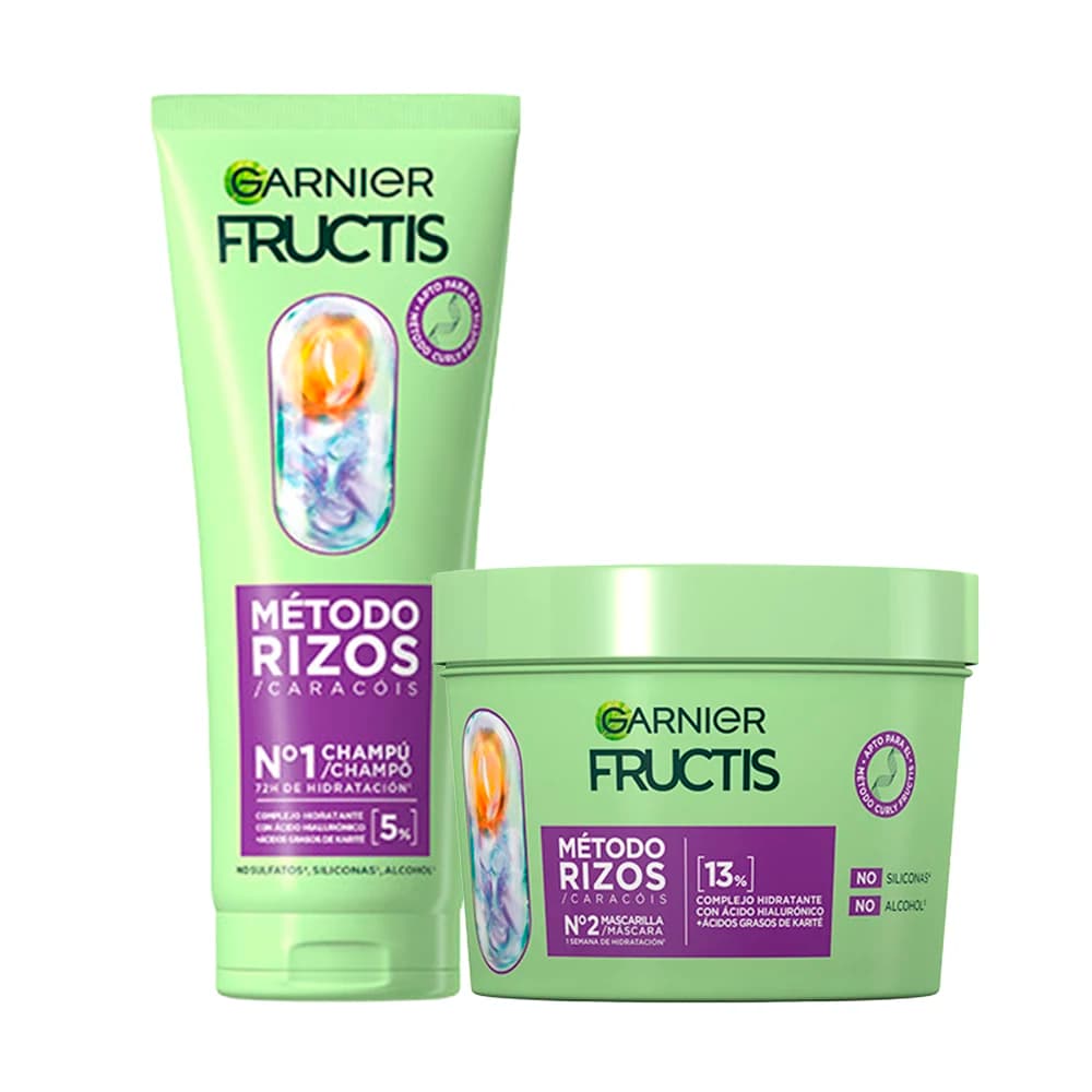 Garnier Fructis Método Rizos Champú, Pre-Champú, Mascarilla y sérum para Rizos Hidratados durante 72h