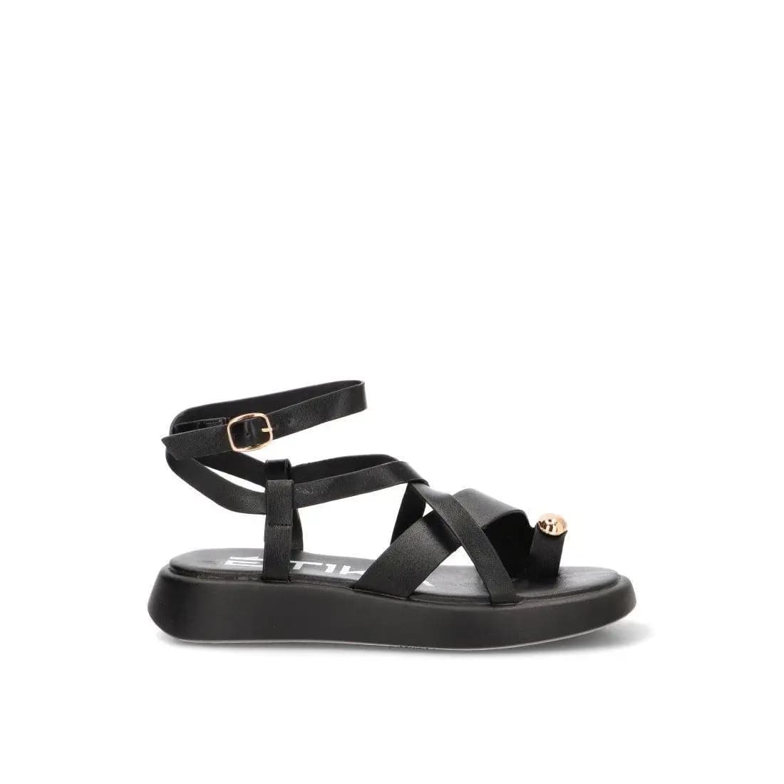 SANDALIA APLIQUE DORADO NEGRO GROTTAZZURRA 10143, ETIKA MUJER, NEGRO