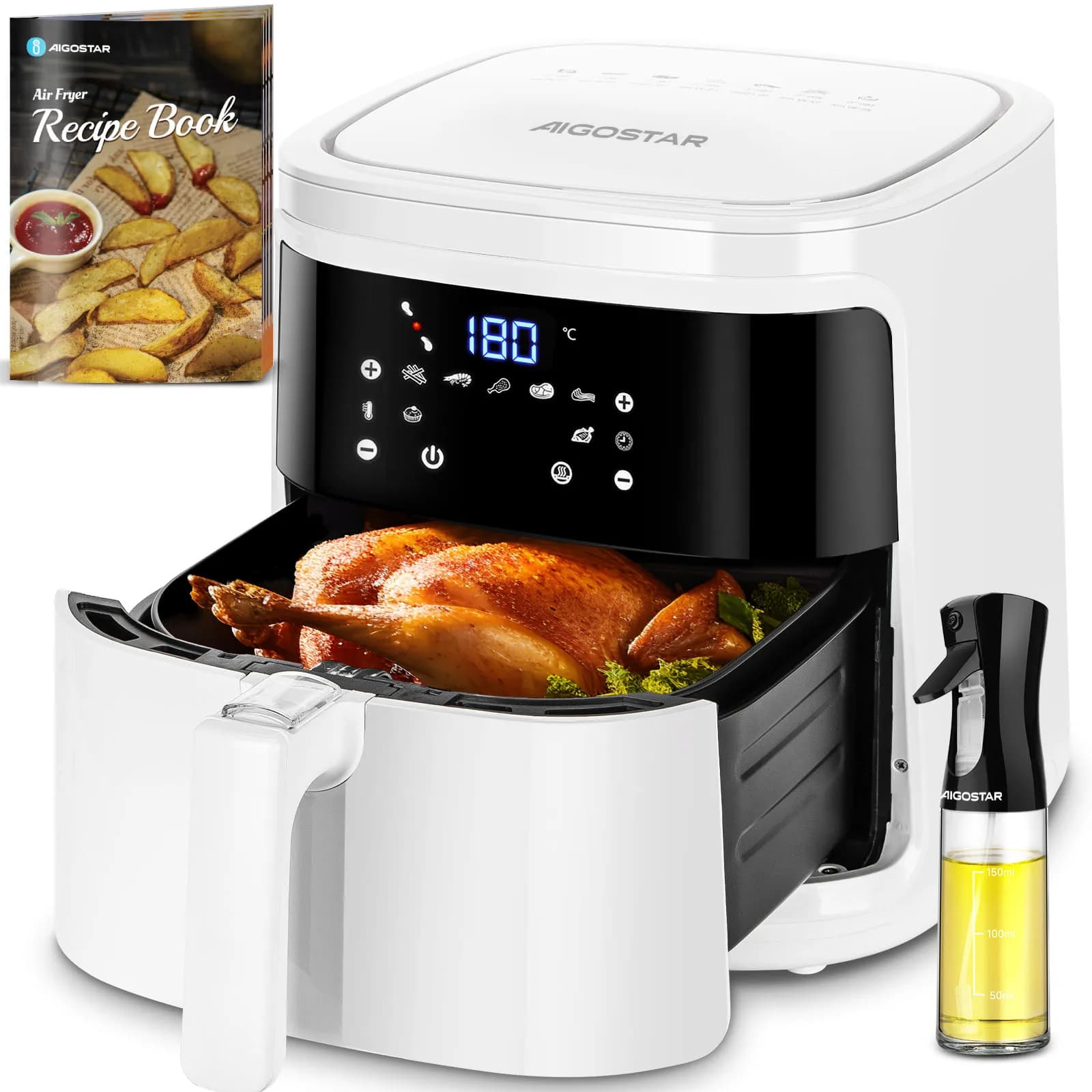 AIGOSTAR Freidora de Aire sin Aceite 7L,1900W. Pantalla LED táctil, 7 Funciones Preestablecidas + Mantener Caliente y Modo Manual, Libro de Recetas