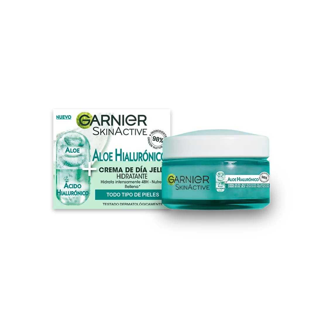 Garnier Crema de Día Aloe Hialurónico con Aloe Vera + Ácido Hialurónico. Hidrata intensamente 48h - Nutre - Rellena.