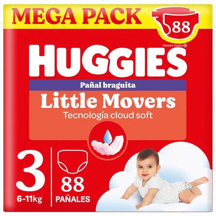 Huggies Little Movers Pants para Bebé, Tallas 3,4,5 y 6. Doble barrera Antifuga, Tecnología Quick dry, Indicador de humedad, Bebé seco hasta 12