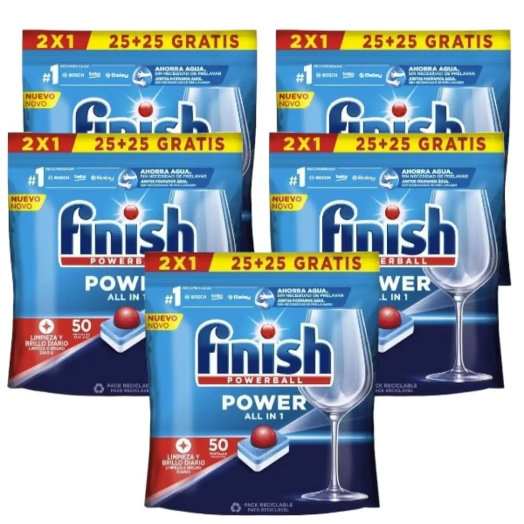Finish Power All in 1 - Pack de 5 Paquetes De 25+25 (250) Pastillas o Pack De 2 Paquetes De 25+25 (100) Pastillas para lavavajillas sin fosfatos, con