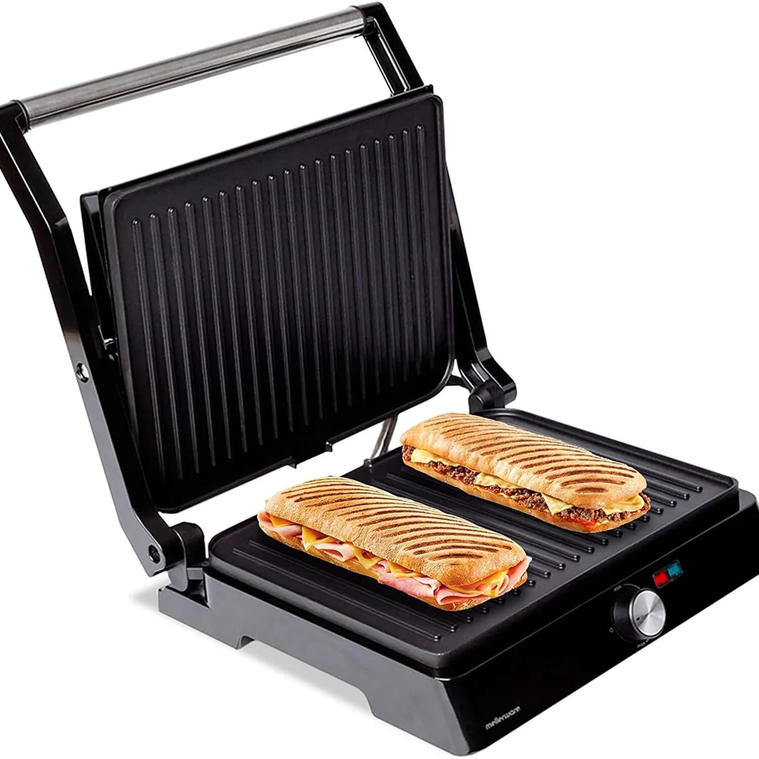 Mellerware - Parrilla Eléctrica Hotty!2200W Revestimiento Antiadherente. Regulador Temperatura LED. Obertura 180º. Placas Adaptables. Gran