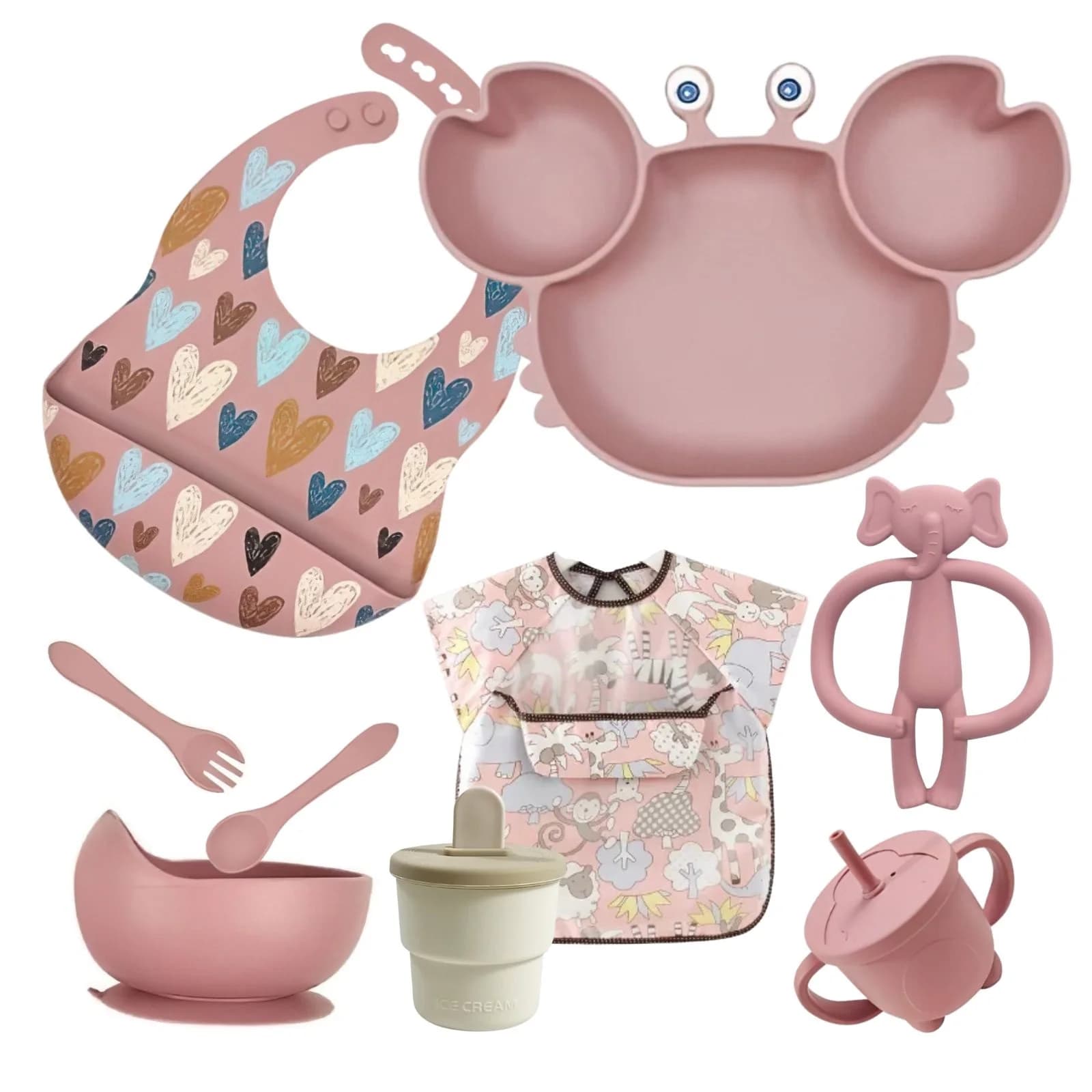 Vajilla Infantil de Silicona 9 Piezas con Babero Ajustable, Cuenco Antiderrame y Utensilios Suaves para Encías – ASENME